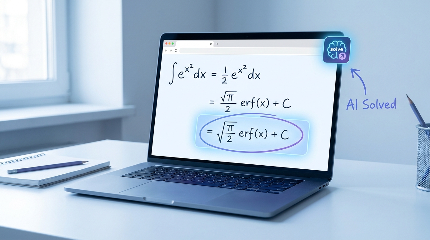 Laptop screen showing a math equation with an AI-powered overlay highlighting the solved answer