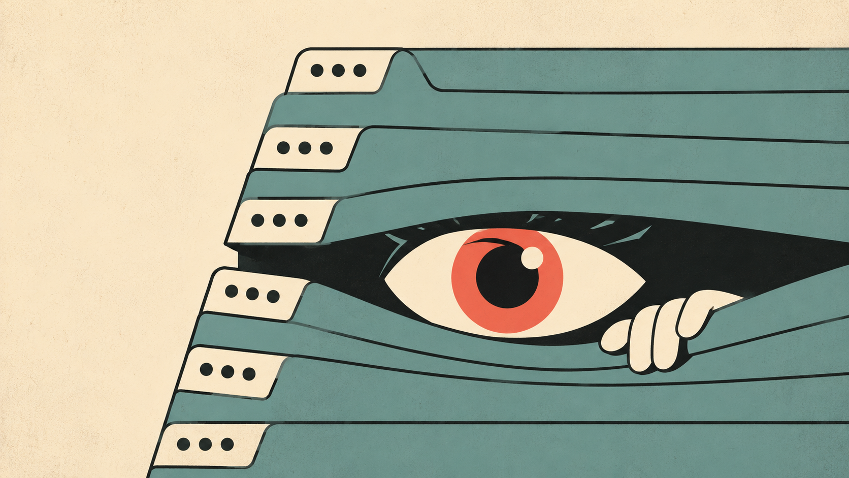 Stylized eye peeking through teal browser tabs arranged like window blinds, in a retro cream, coral, and charcoal editorial illustration.