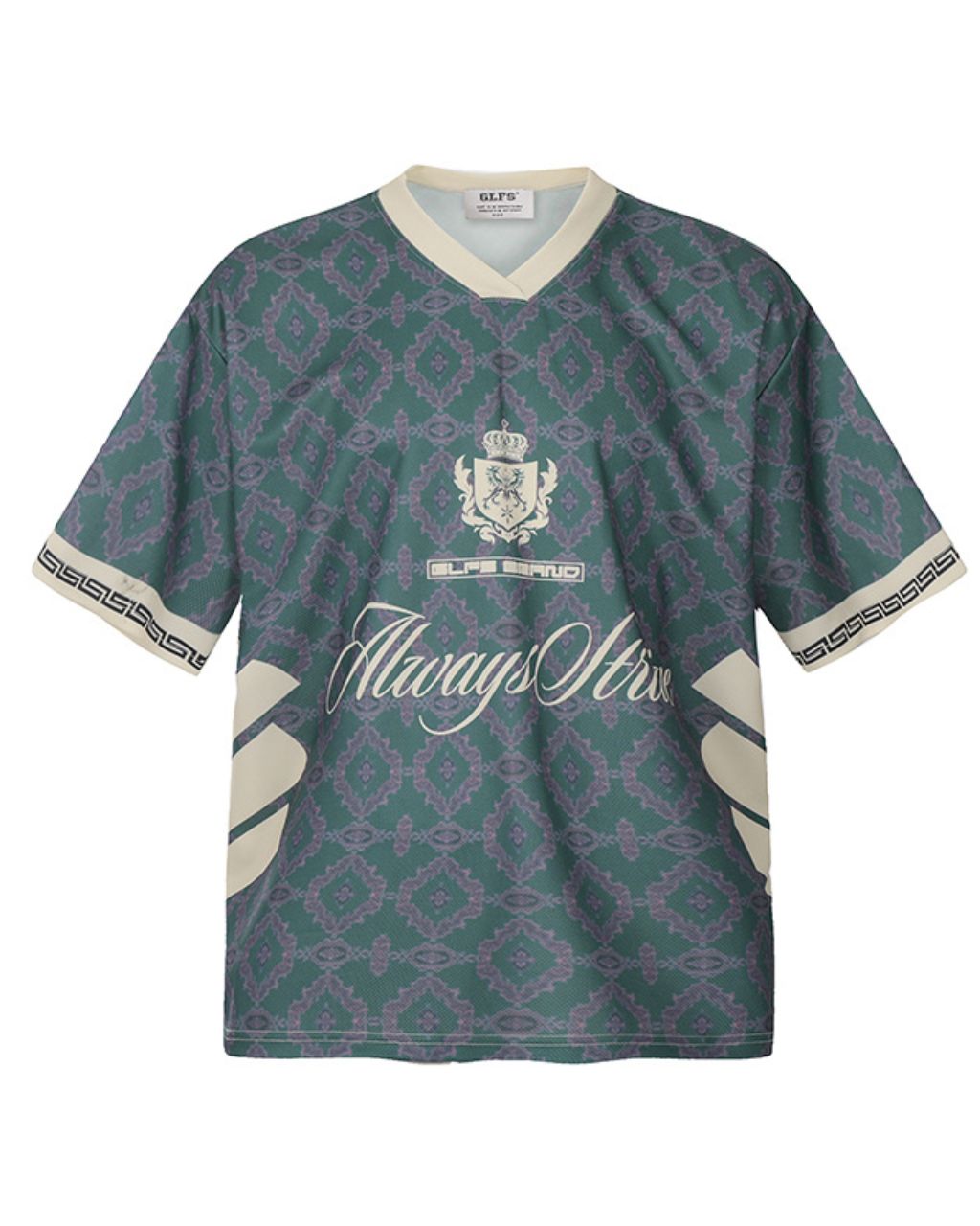 Vintage Teal Baroque Patterned Short-sleeved V-Neck Graphic Tee