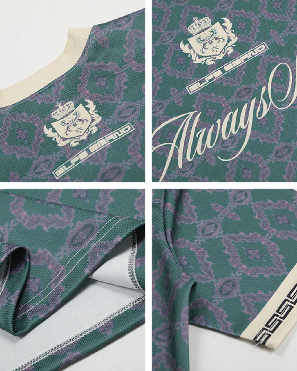 Vintage Teal Baroque Patterned Short-sleeved V-Neck Graphic Tee - Image 3
