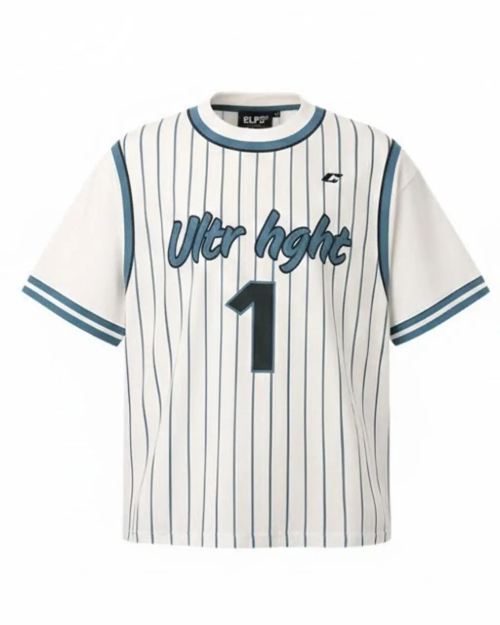 White Pinstriped Streetwear Jersey Tee with Blue Accents Number 1 - Image 1