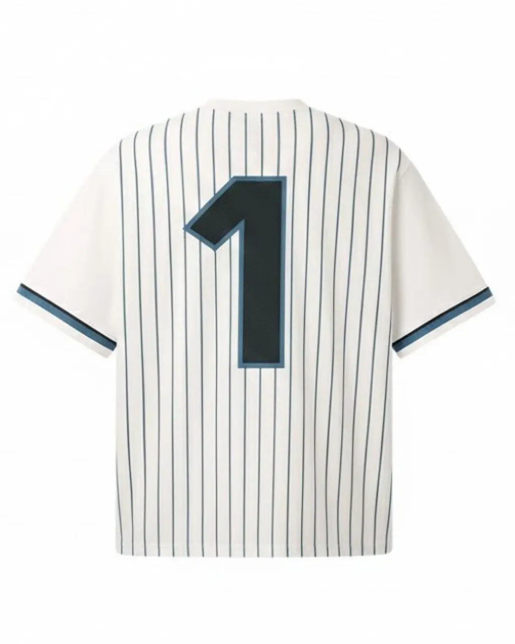 White Pinstriped Streetwear Jersey Tee with Blue Accents Number 1 - Image 2