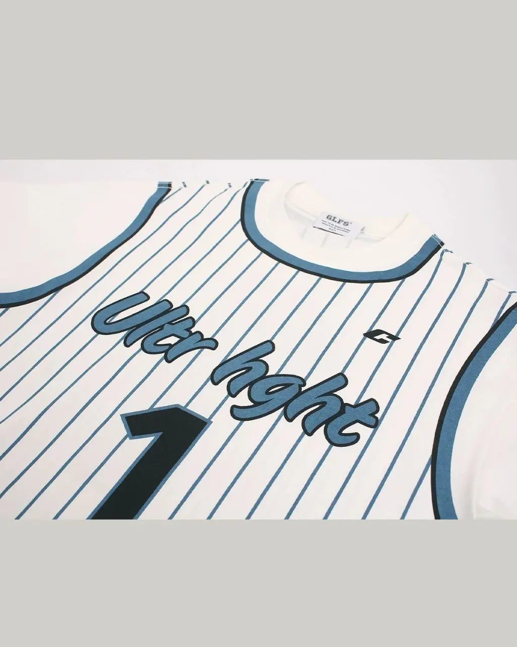 White Pinstriped Streetwear Jersey Tee with Blue Accents Number 1 - Image 3