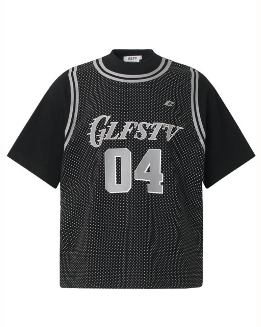 Black Mesh Layered Graphic Sports Jersey T-Shirt with Number 04