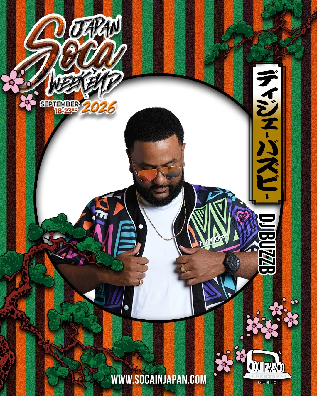 Promotional flyer for DJ BuzzB at Japan Soca Weekend featuring cherry blossoms and Japanese-themed artwork.