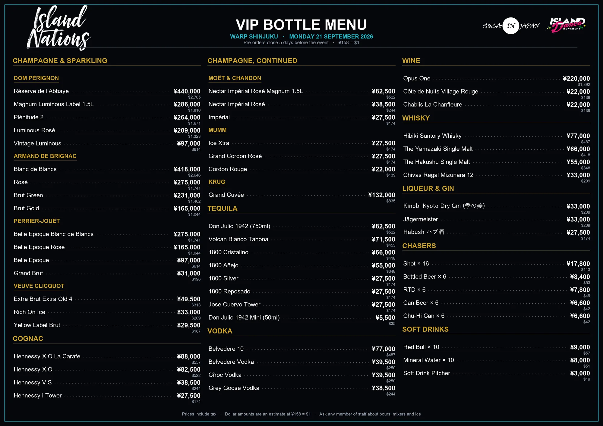 Island Nations 2026 VIP bottle menu — champagne, cognac, whisky, tequila, vodka, chasers and soft drinks with prices