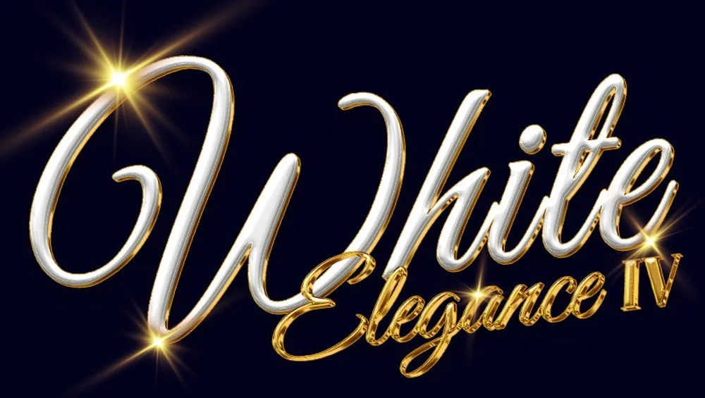 White Elegance IV event title logo rendered in glossy white and gold script with star sparkles on dark background.