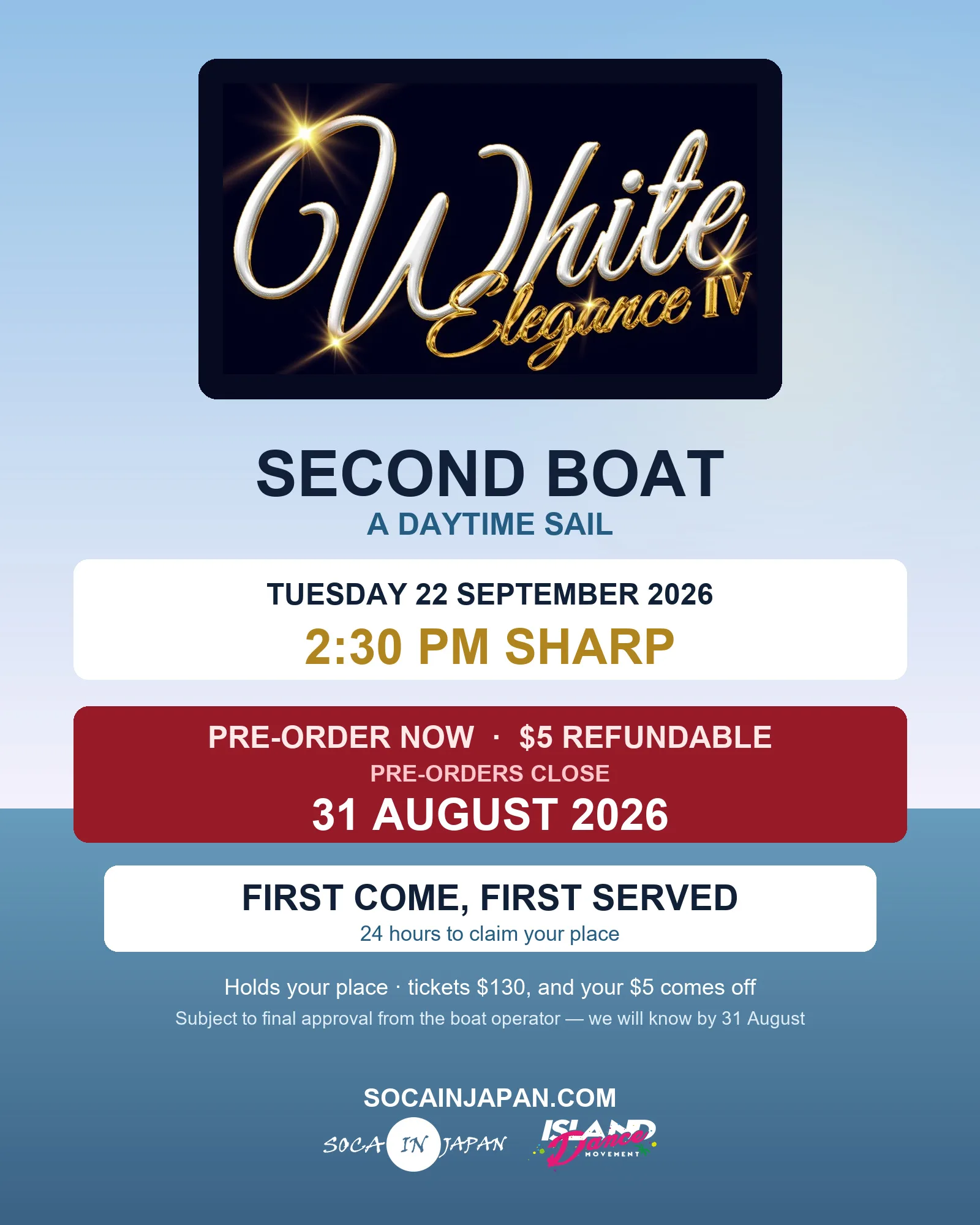 White Elegance second boat pre-order flyer — daytime sail 22 September 2026, $5 refundable, first come first served