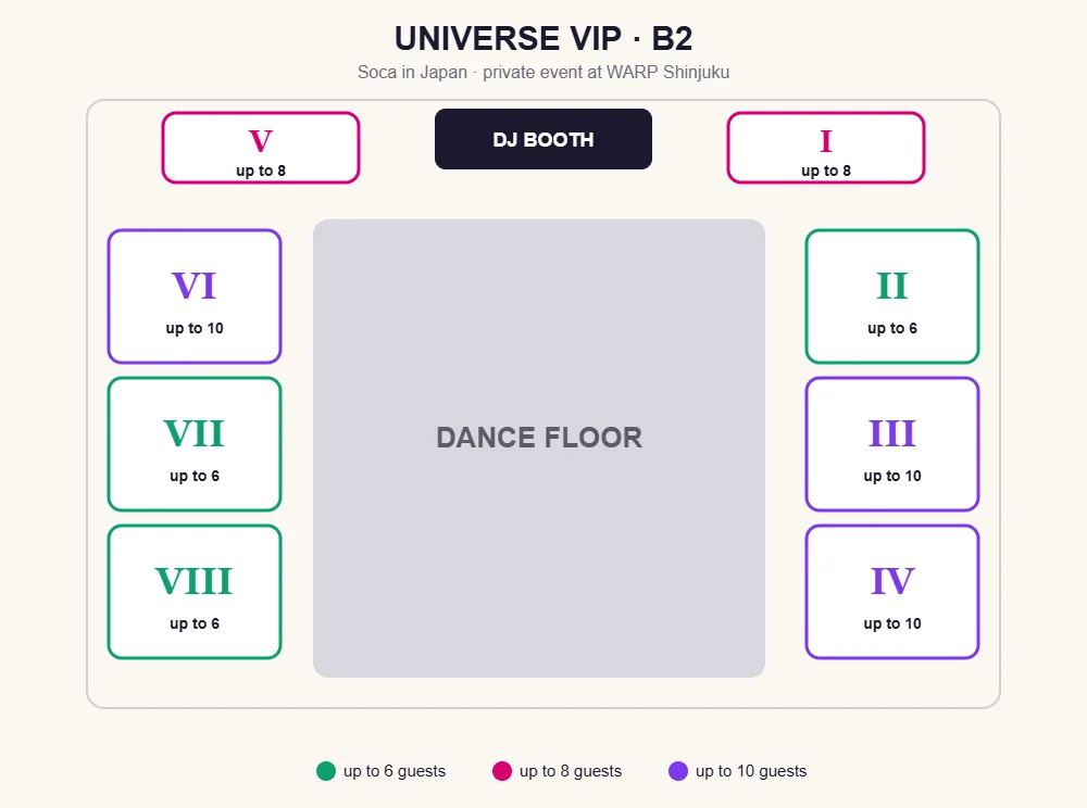 Universe VIP floor map, B2 — eight sections in Roman numerals around the dance floor, with guest capacities