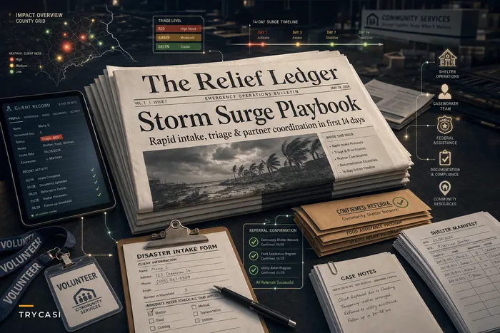 Disaster‑Surge Playbook for Case Management: rapid intake, outreach, and partner coordination after major storms