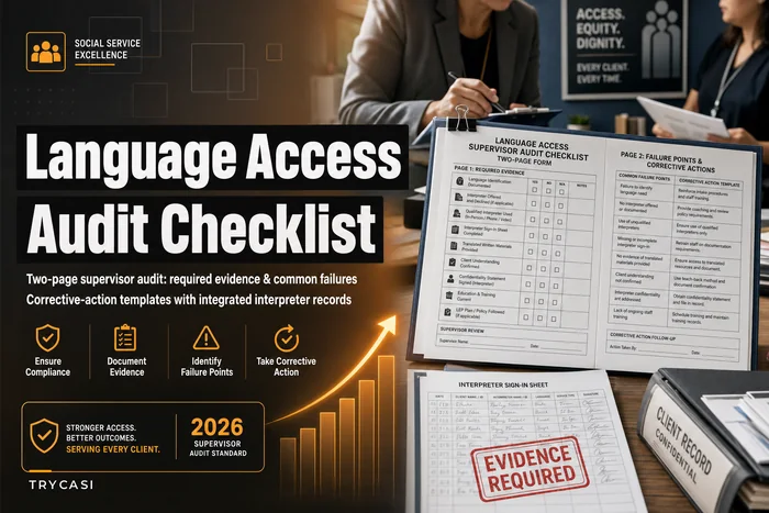 Language-access audit checklist for client records: two-page supervisor form with required evidence, failure points and corrective-action templates