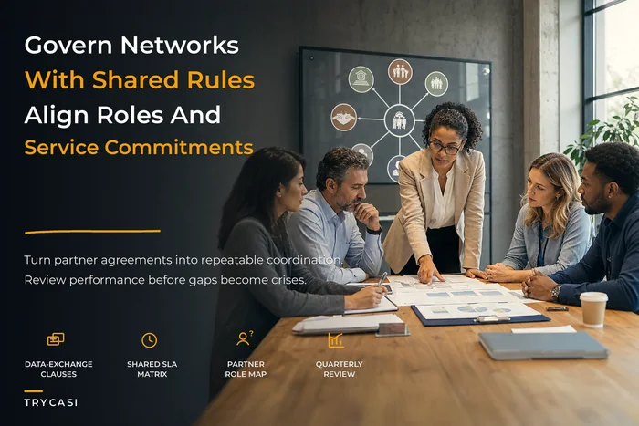 Multi-agency governance blueprint for social-service networks and SLAs