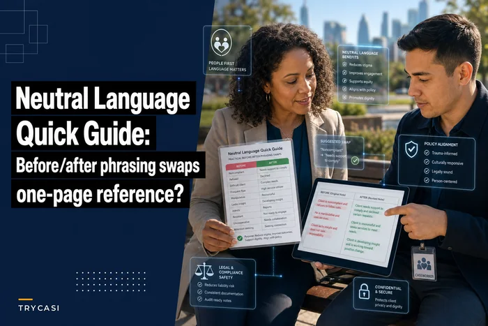 Neutral language quick-guide for sensitive case notes: before/after phrasing swaps and a one-page reference
