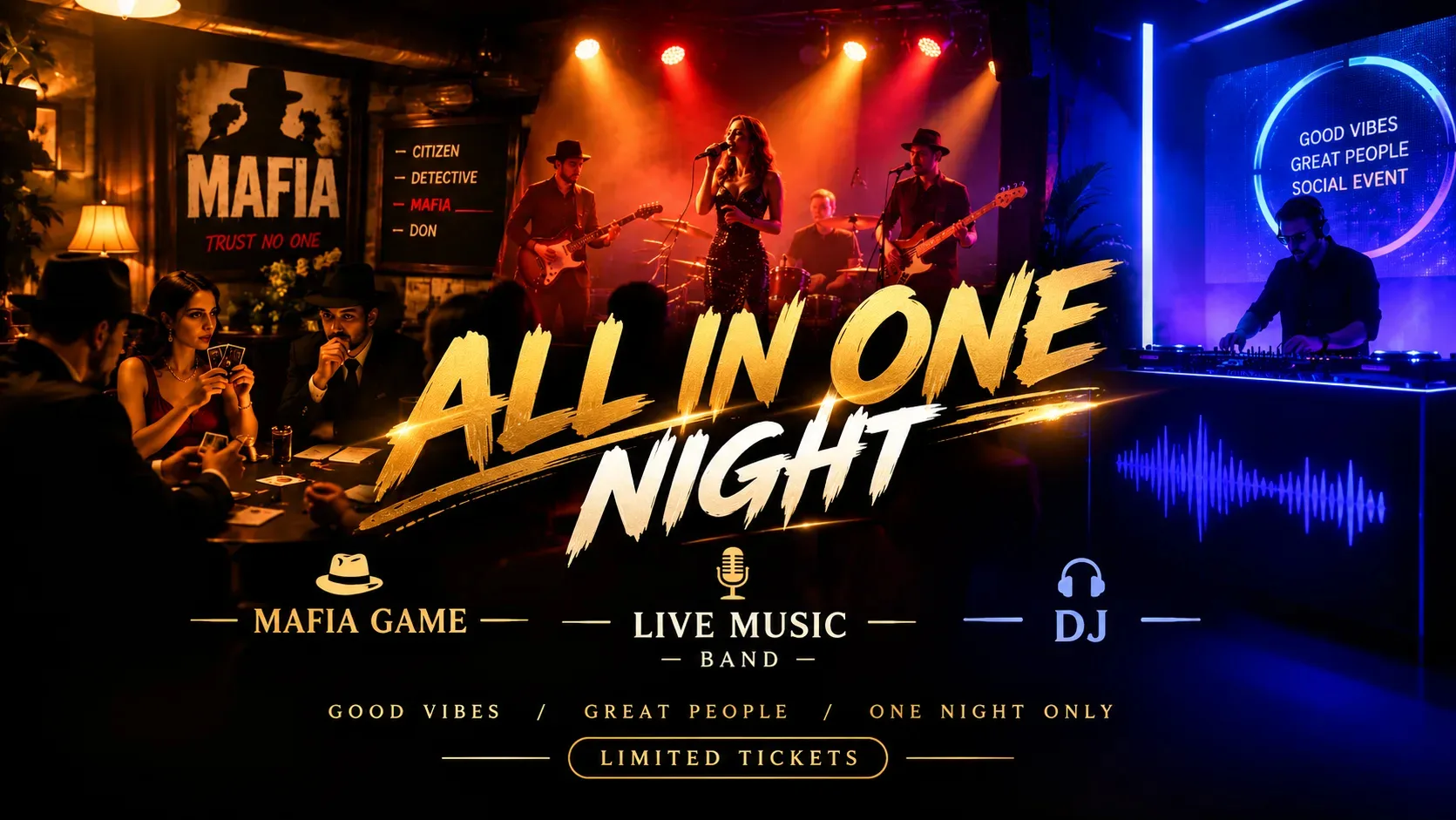 Social event. Mafia / Live Music Band / DJ (All in one night)
