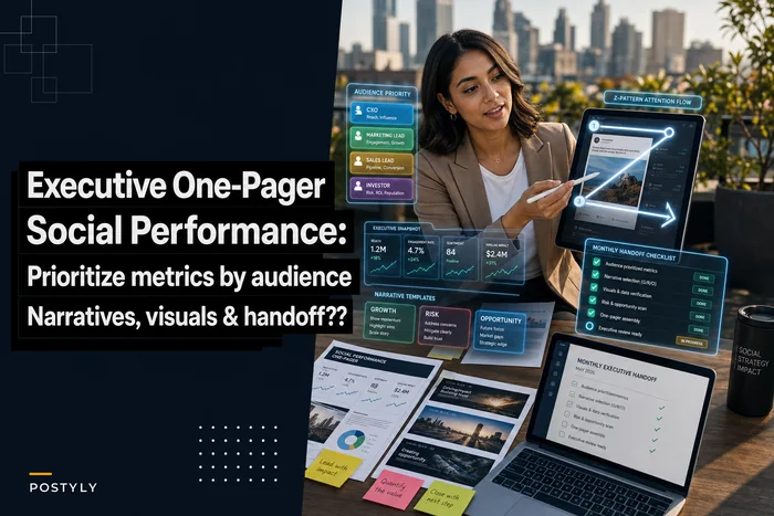 Executive one-pager for social performance: headline metrics, narrative slices and visual templates