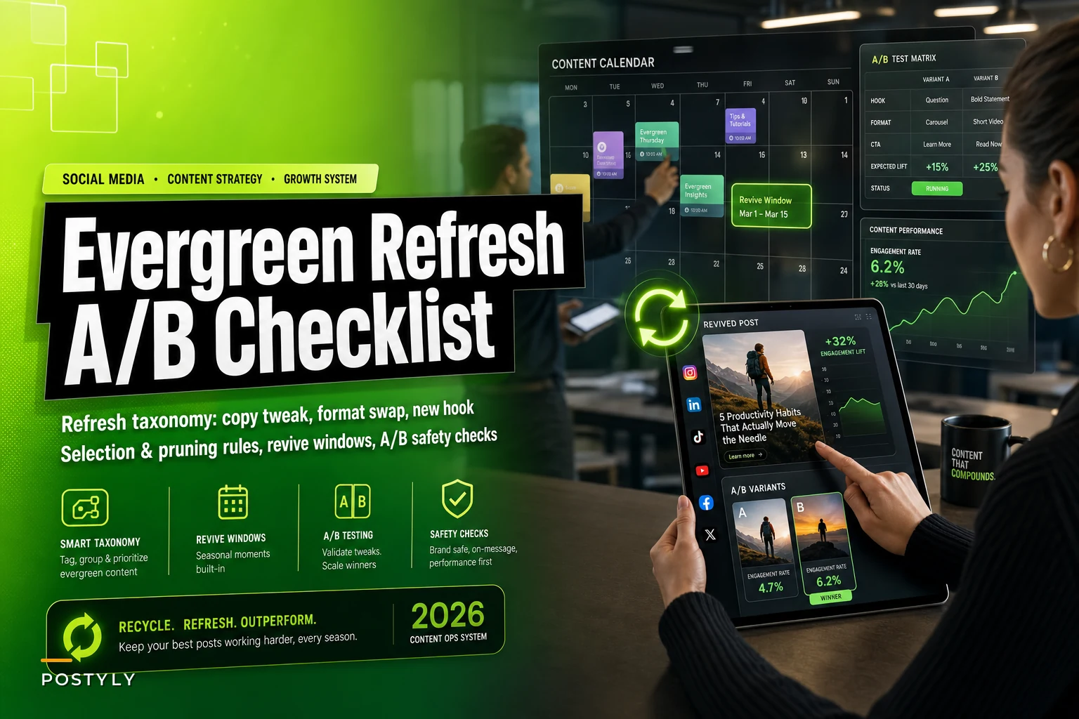 Seasonal evergreen refresh system: taxonomy, selection rules and A/B checklist to recycle top posts without sounding stale