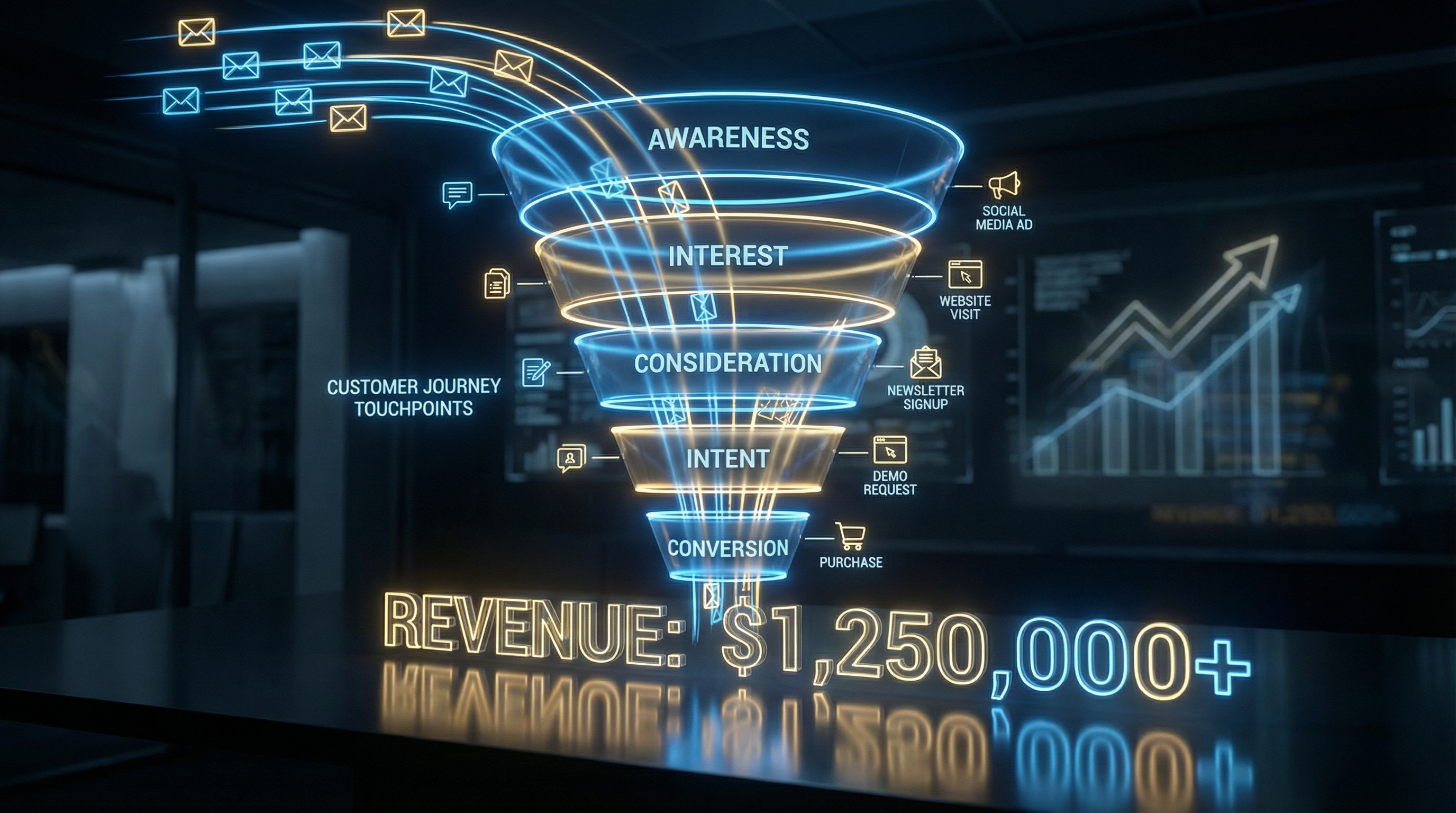 Sales funnel with email conversion visualization