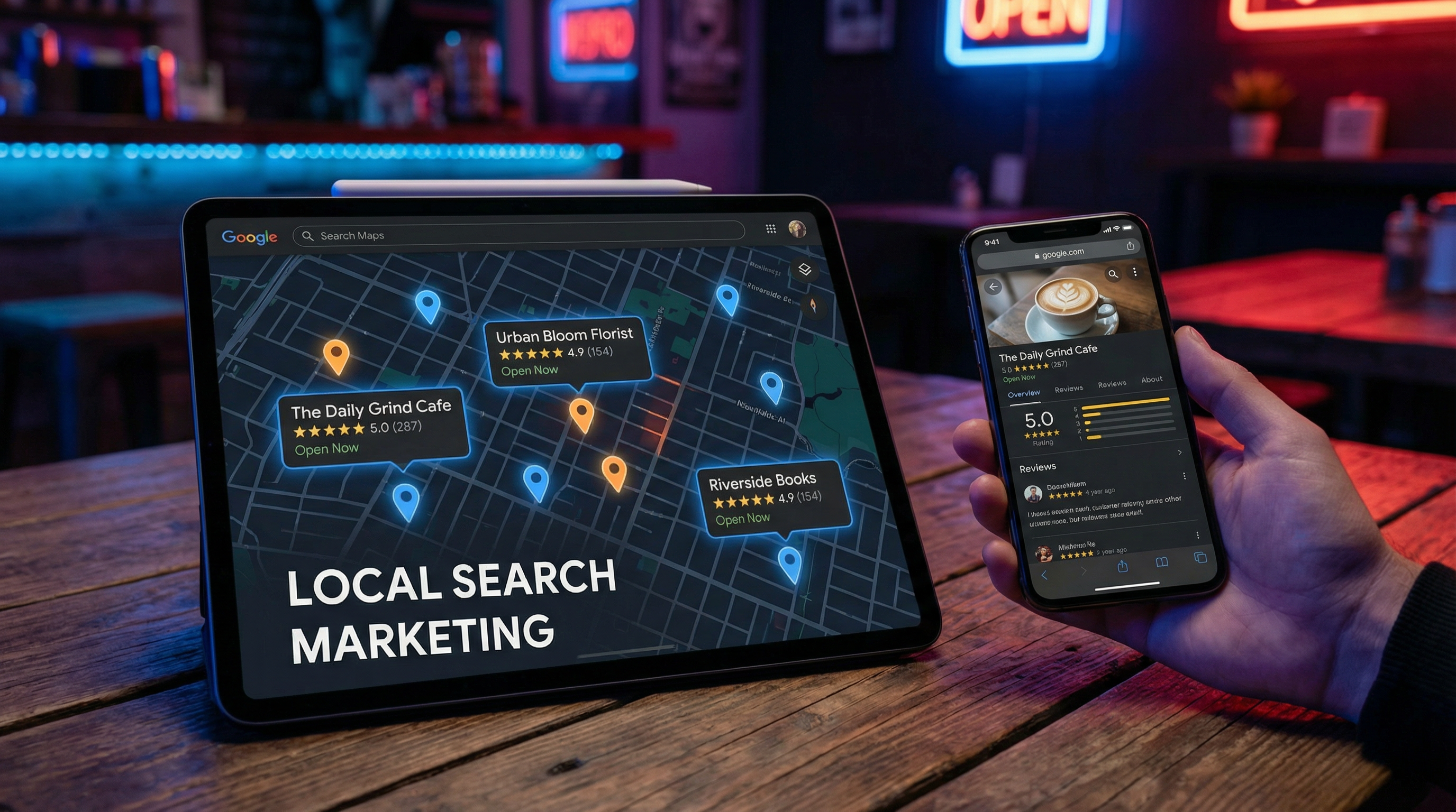 Google Maps local business listings with reviews