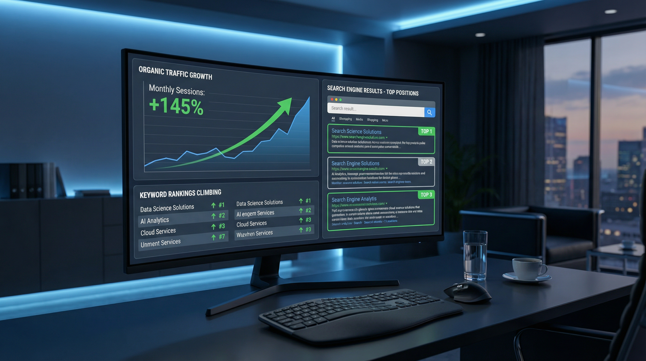 SEO analytics dashboard showing keyword rankings