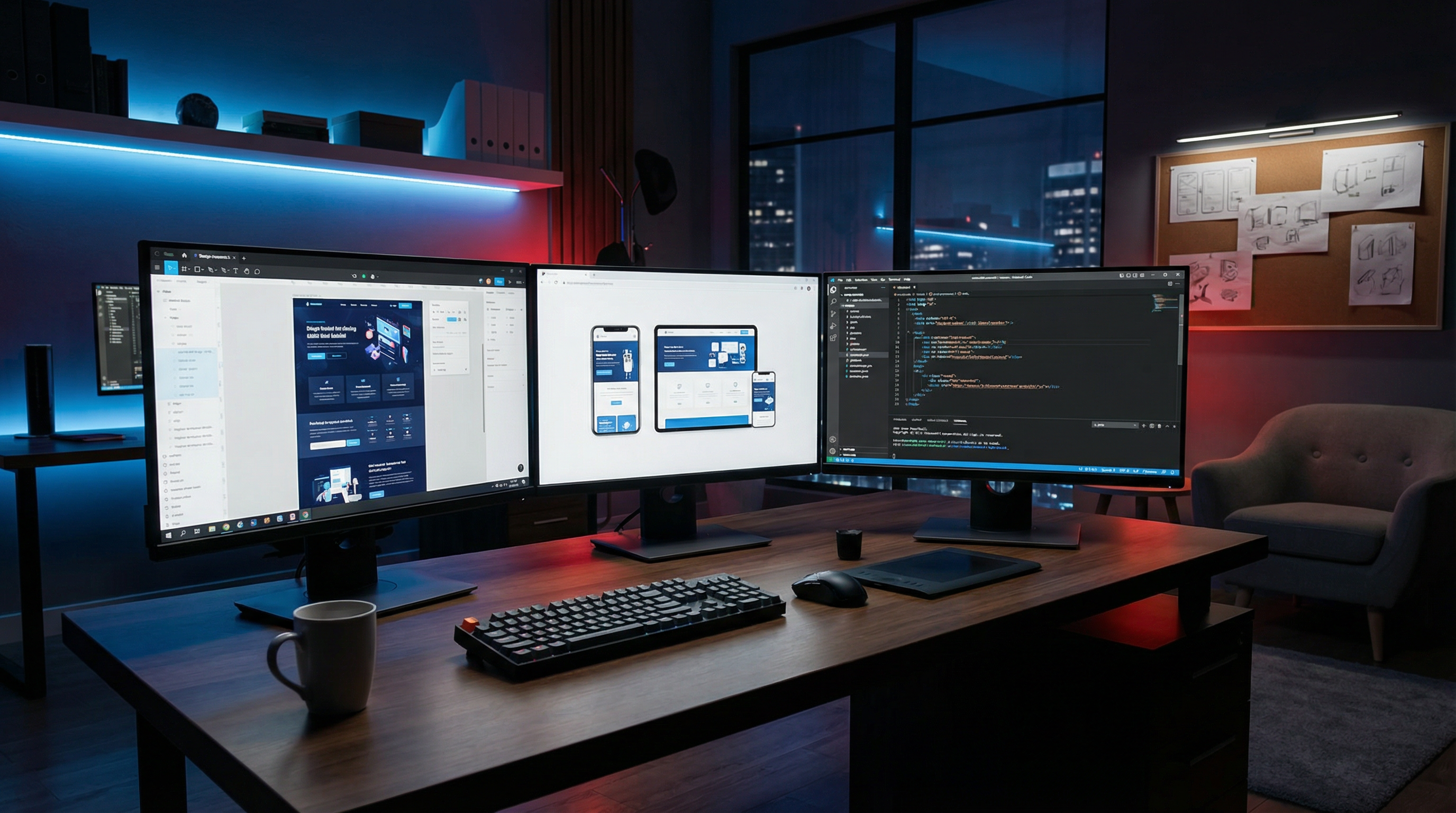 Professional website design workspace with multiple monitors