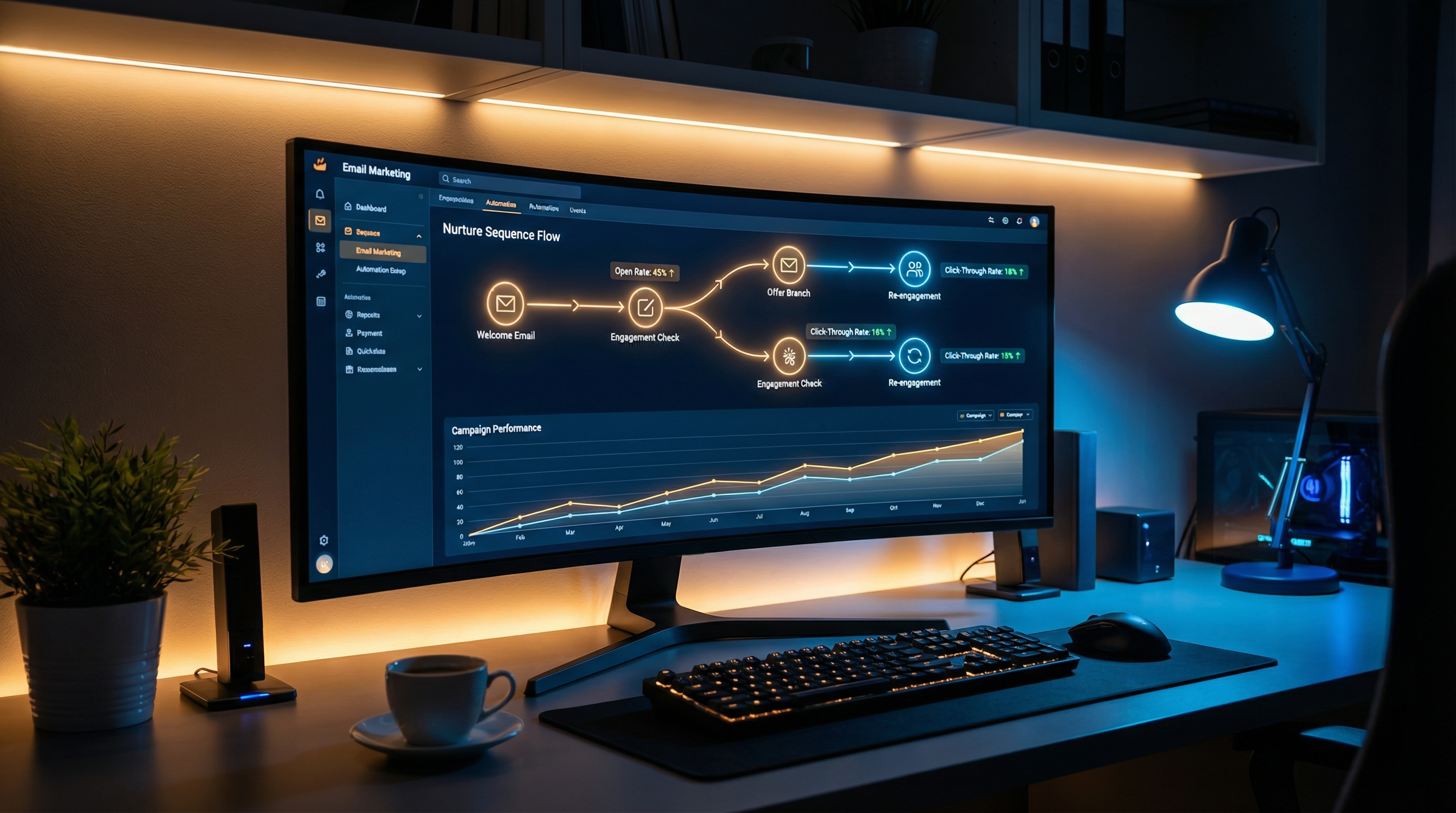 Email marketing automation dashboard with campaign flows