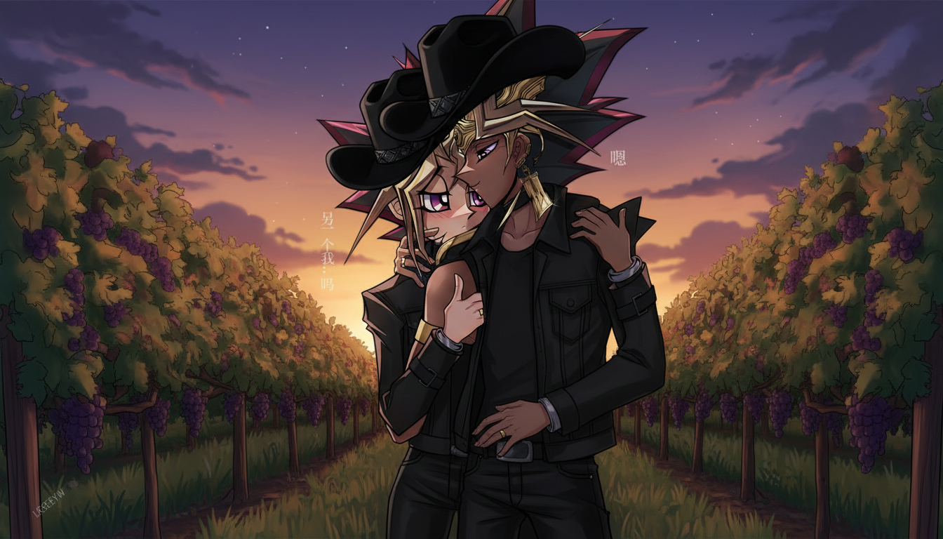 Have both of them wearing cowboy hats, black jacket, black pants, black shirt. Change the background of them behind a vineyard in the evening.

