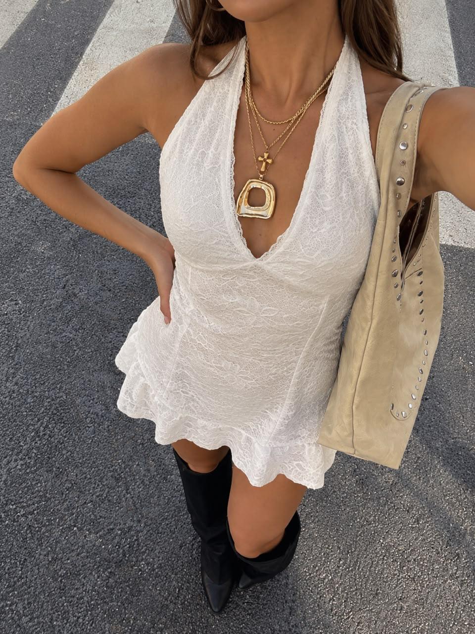 Vestido Maldivas Halter Jacquard volado y puntilla