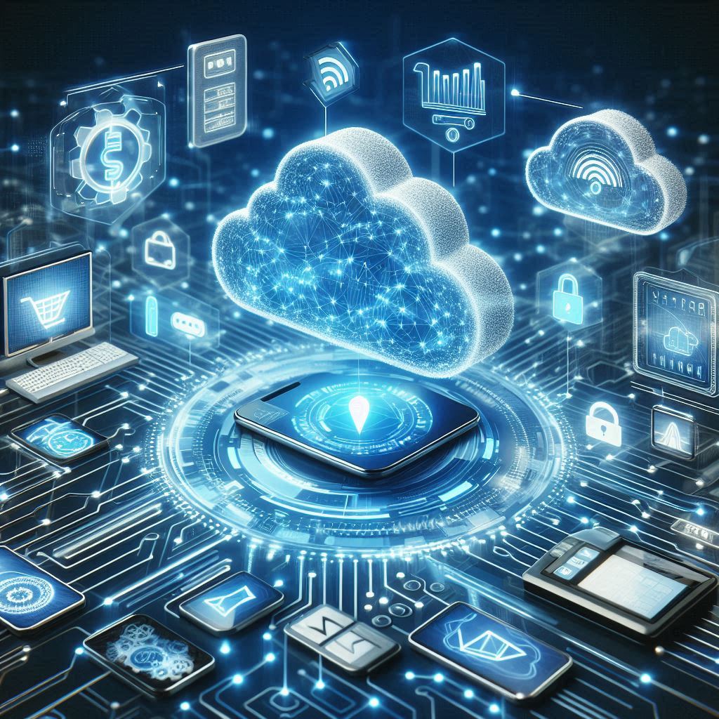Cloud e-ticaret platformlarını temsil eden dijital pazar yeri ve bulut teknolojisi simgeleri.
