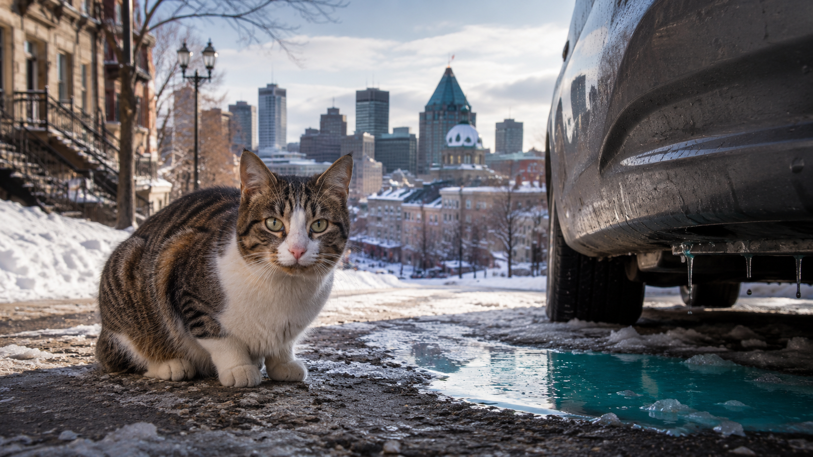 Un chat tigré et blanc assis dans la neige à proximité d'une flaque d'antigel bleu-vert fuyant d'un véhicule