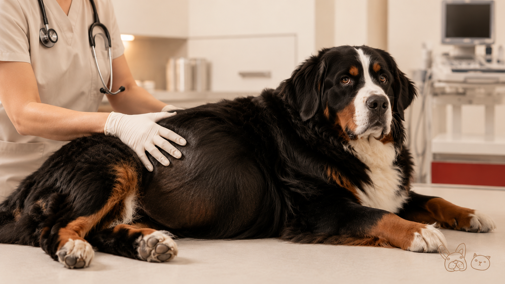Vétérinaire examinant un chien au ventre gonflé en clinique, signe possible de torsion d’estomac chez le chien à Montréal.