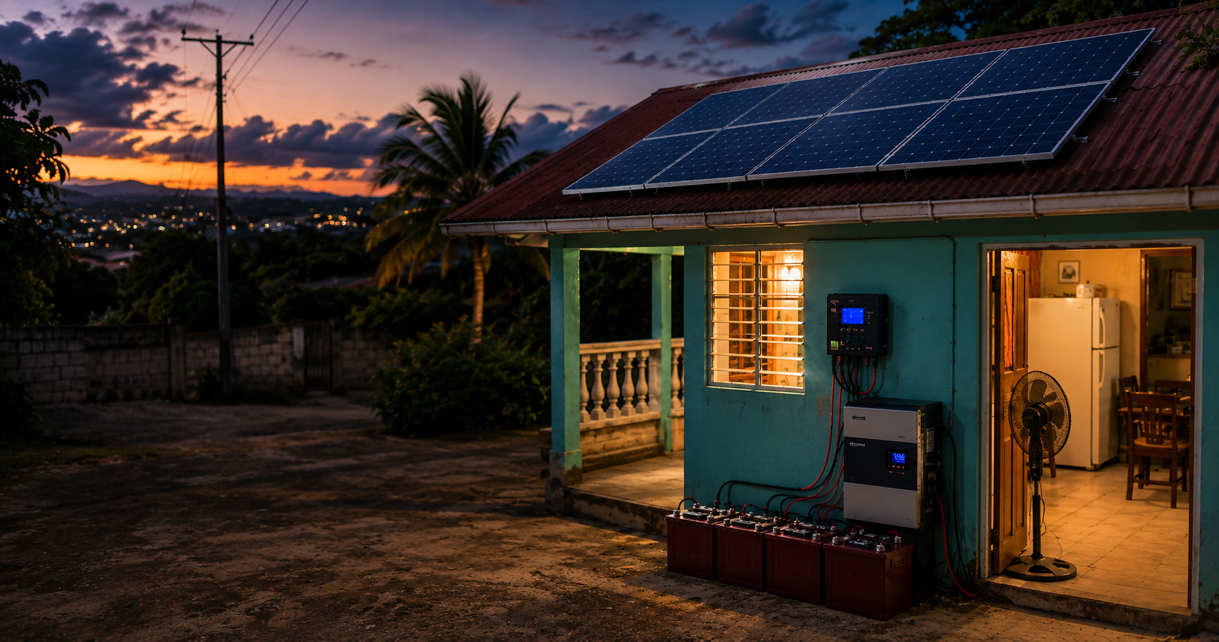 Two rooftop solar panels charging a home battery backup during daylight in a Caribbean neighborhood, illustrating a solar backup system and panel tilt for tropical production