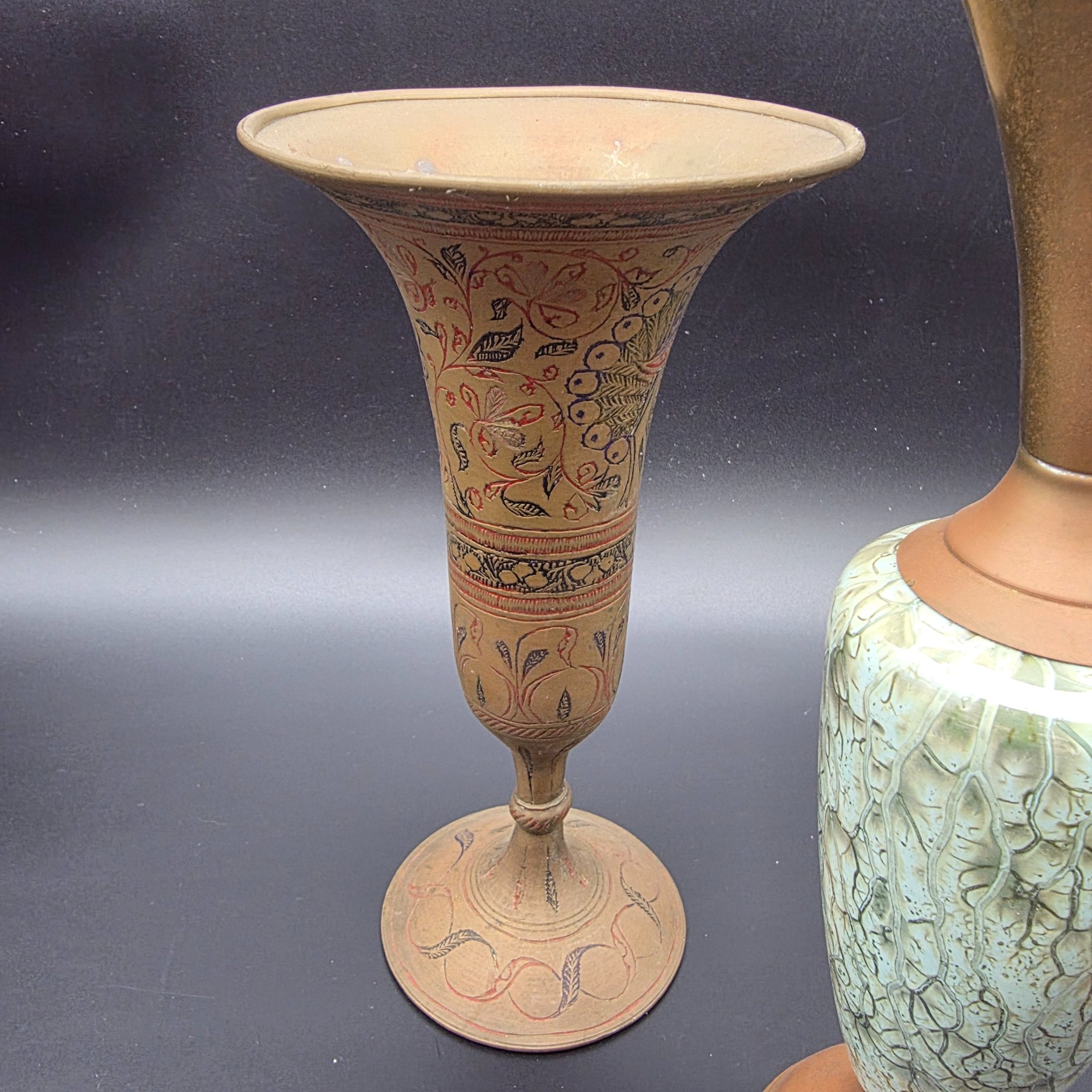 A curated collection of vintage decorative brass items, likely from the mid-20th century, featuring various engraved, enameled, and glazed finishes. - View 7