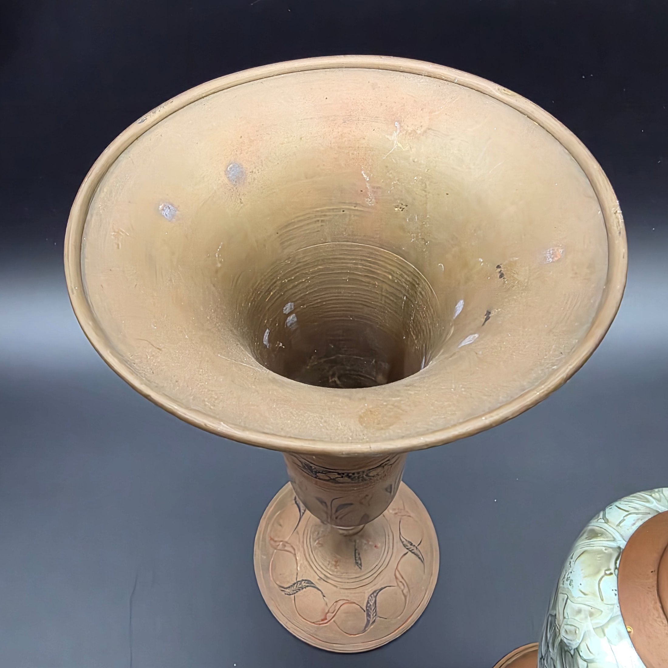 A curated collection of vintage decorative brass items, likely from the mid-20th century, featuring various engraved, enameled, and glazed finishes. - View 8