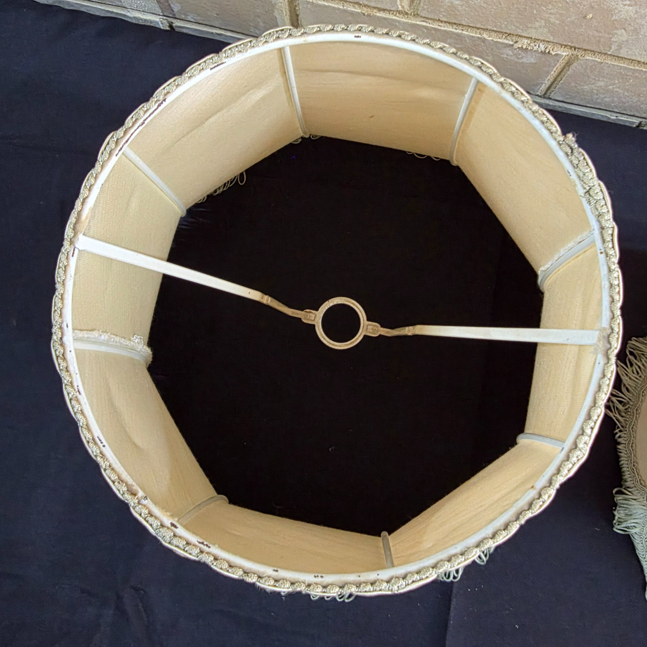 A pair of vintage bell-shaped lampshades, crafted from light fabric with ornate trim and fringe, suitable for traditional interior decor. - View 4