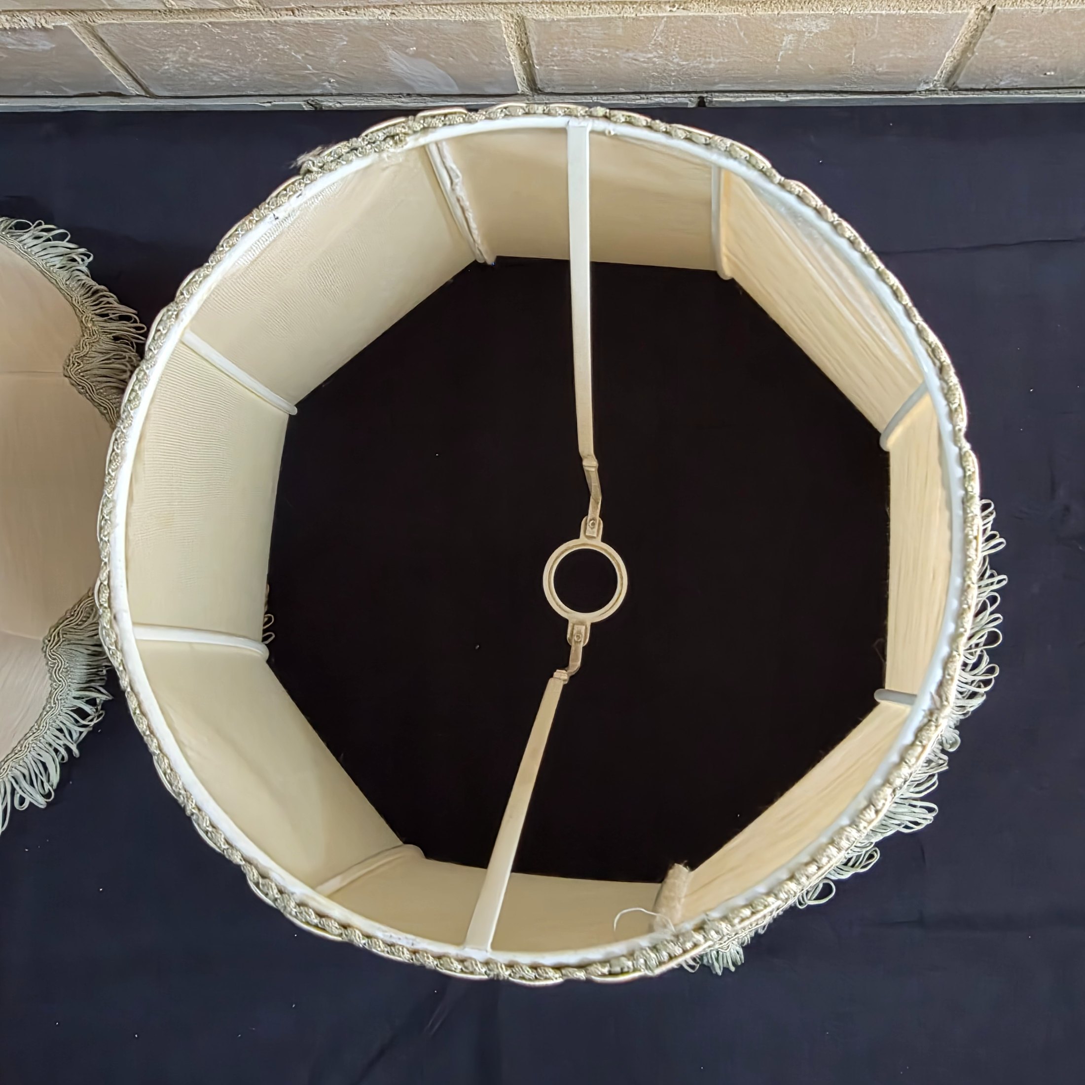 A pair of vintage bell-shaped lampshades, crafted from light fabric with ornate trim and fringe, suitable for traditional interior decor. - View 5