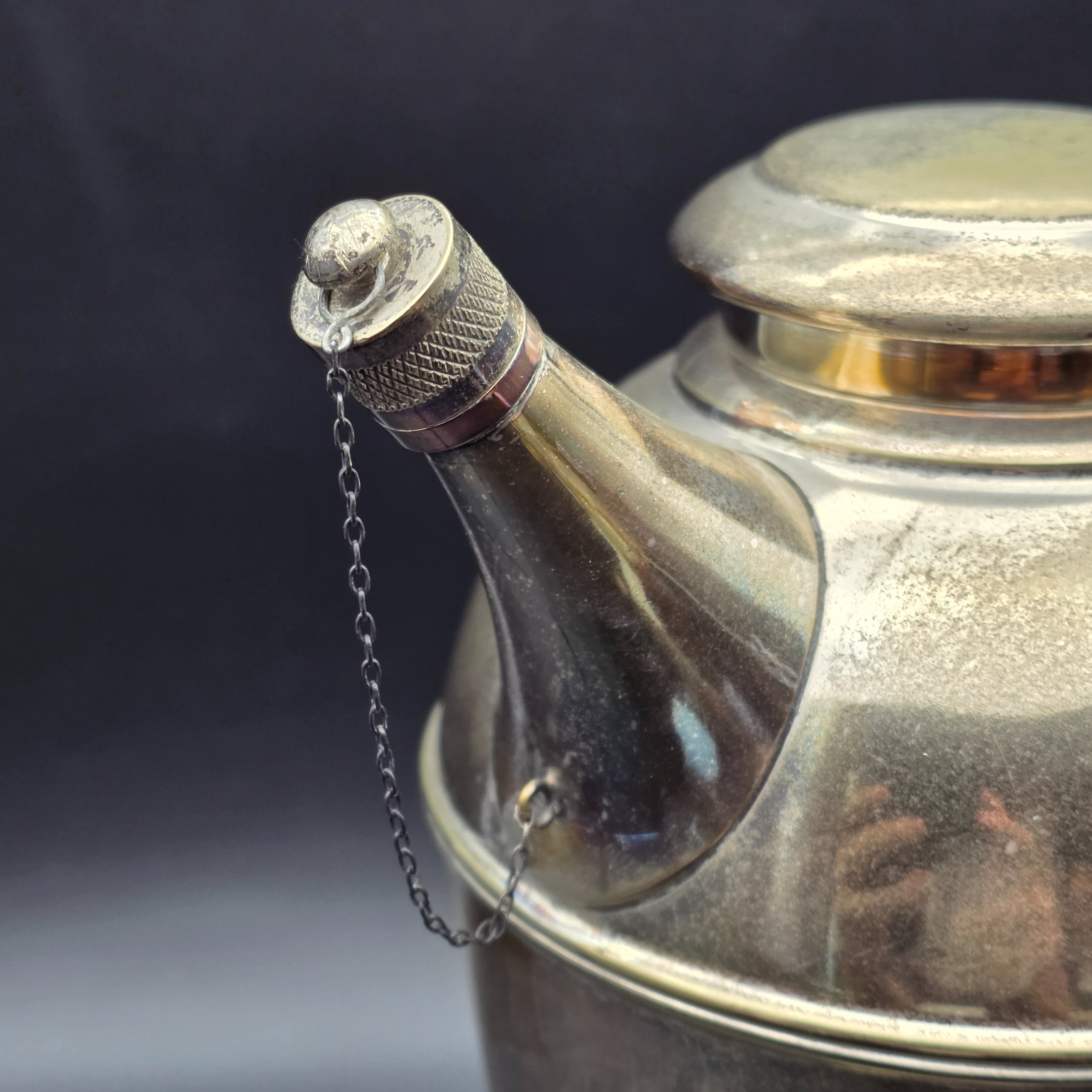 A vintage Renown EPNS A1 (Electro-Plated Nickel Silver) cocktail shaker or jug with a spouted design, handle, and a removable lid, dating from the mid-20th century. - View 3