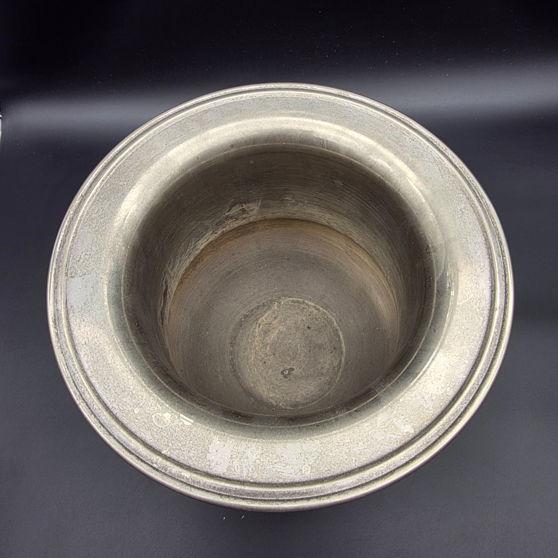 A vintage pewter commemorative urn from the late 20th or early 21st century, featuring a classic pedestal design, two ornate twisted handles, and a flared rim. - View 7