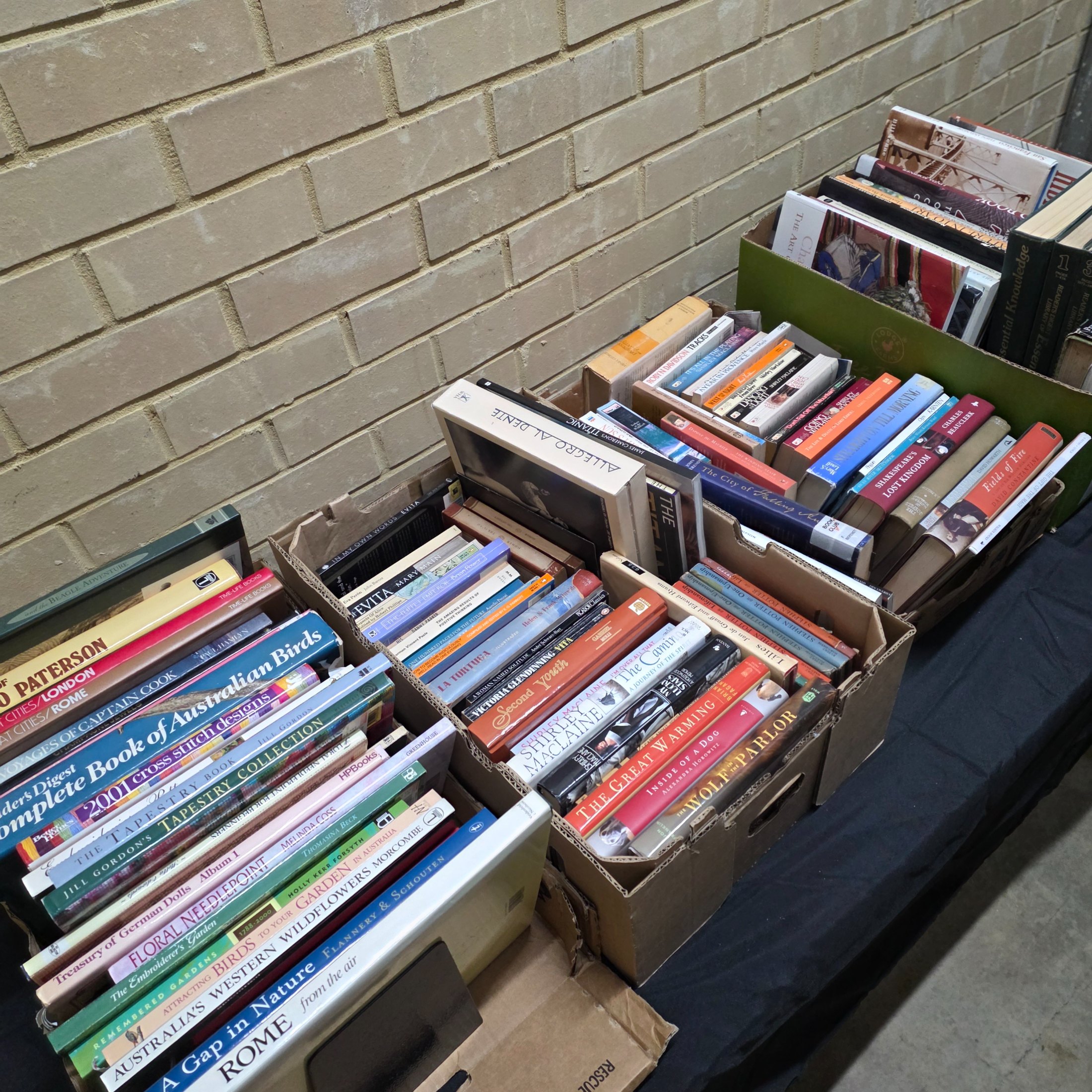 A diverse collection of pre-owned books spanning various genres, including fiction, non-fiction, nature, craft, and history, presented in several cardboard boxes.