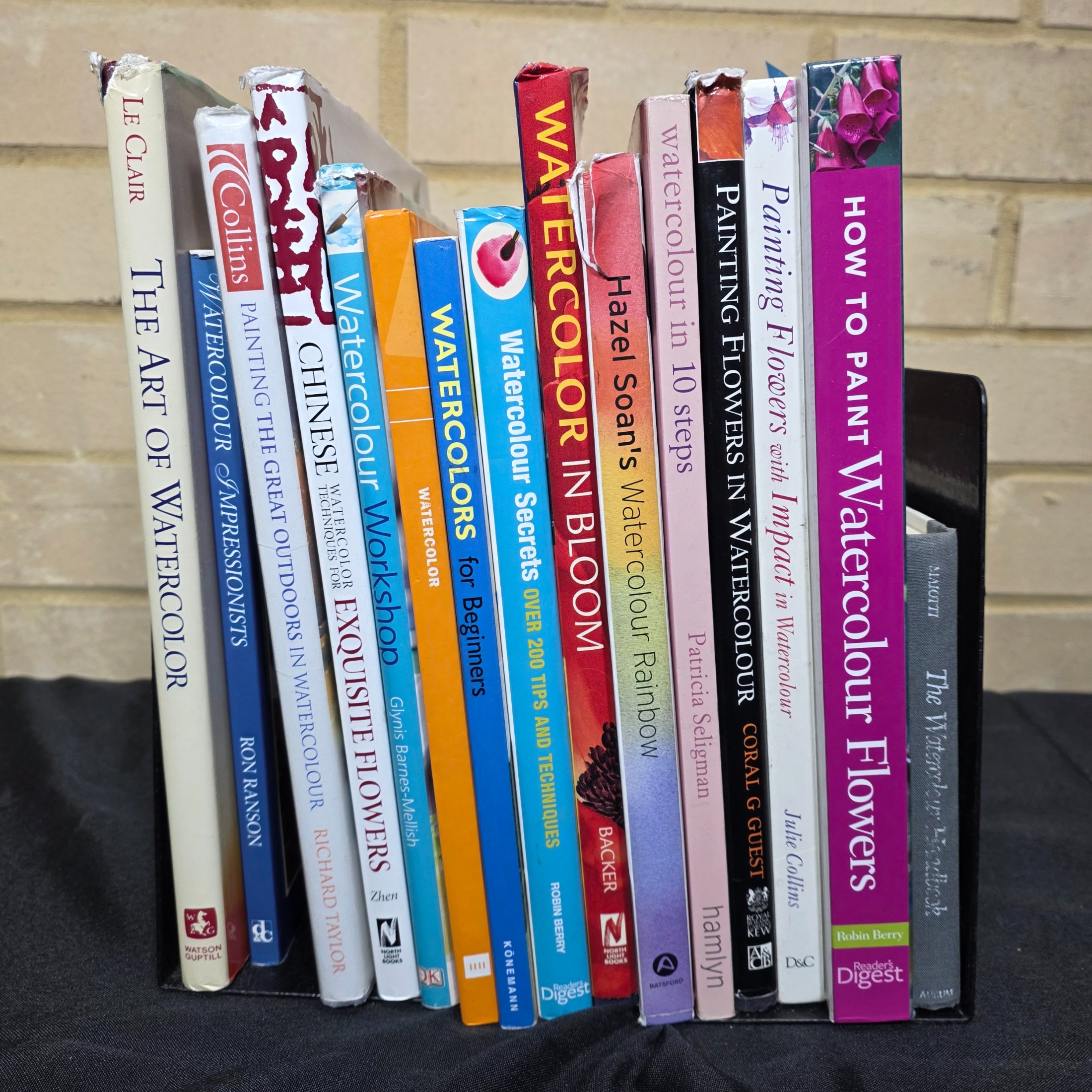 A comprehensive collection of approximately 15 books dedicated to the art and techniques of watercolor painting, featuring various instructional guides and authors.