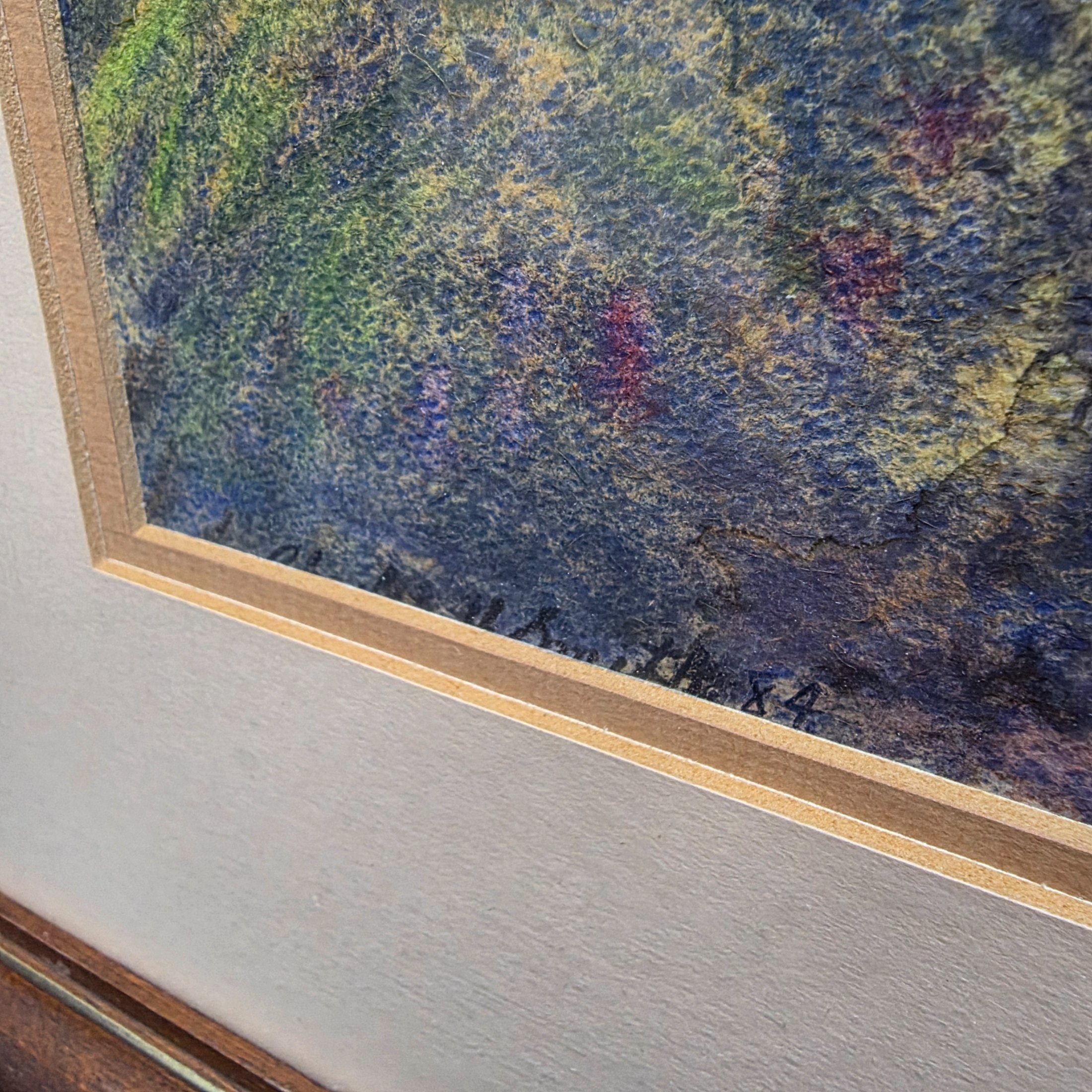 A framed original watercolour painting depicting a tranquil Australian bush scene with a dirt road winding through tall eucalypt trees, signed 'N. A. H.' and dated 1984. - View 6
