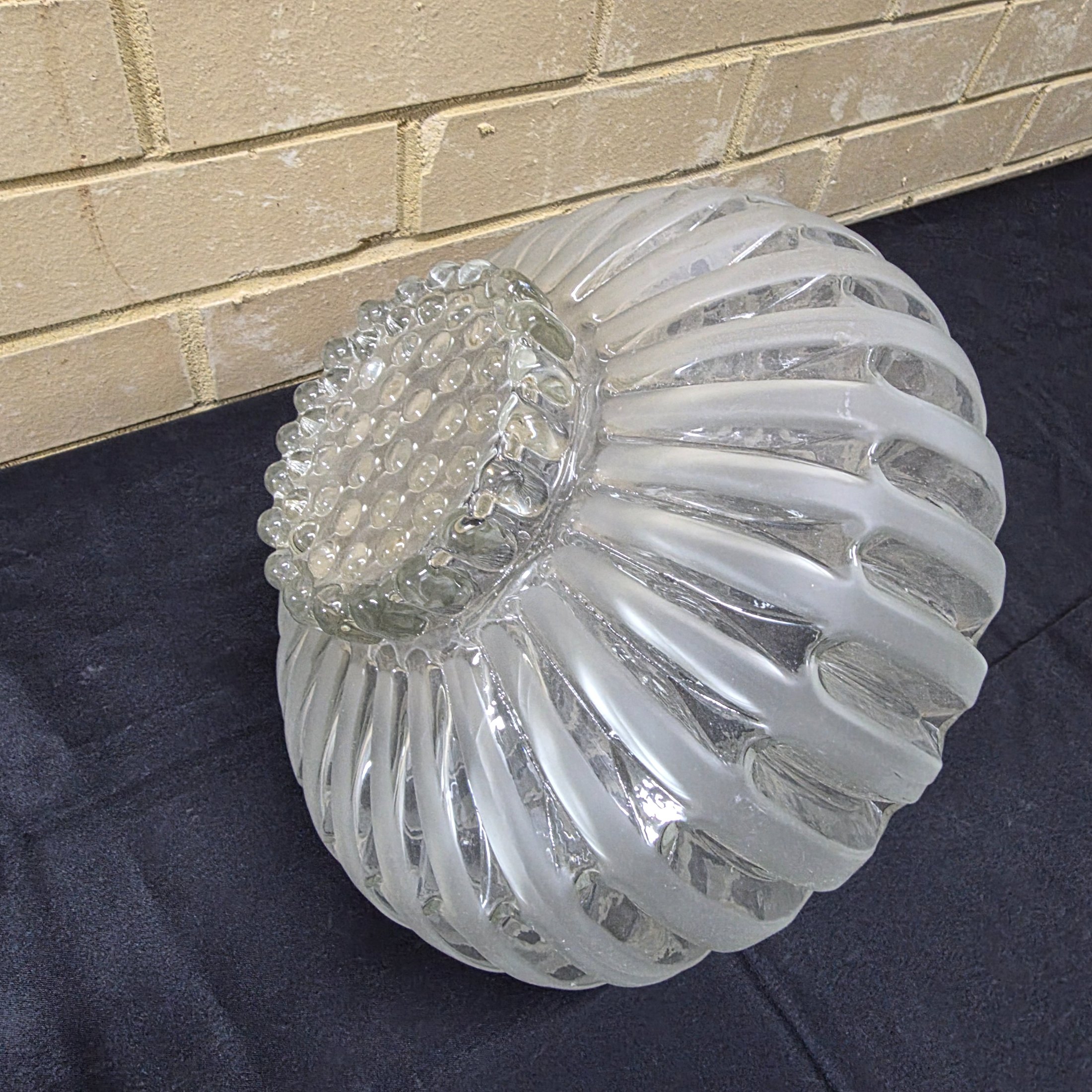 A vintage frosted glass light shade with a distinctive ribbed texture, likely dating from the mid-20th century. - View 2