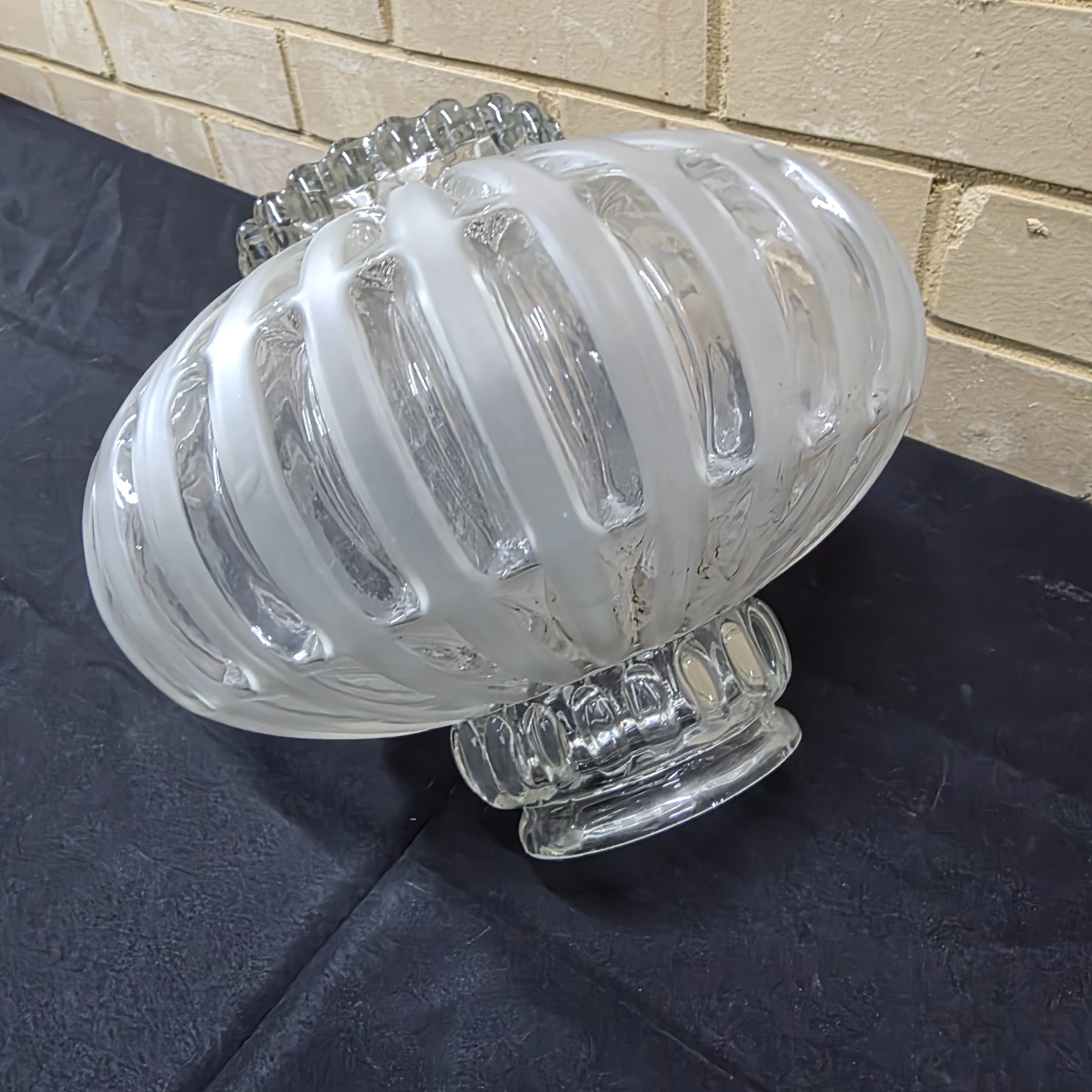 A vintage frosted glass light shade with a distinctive ribbed texture, likely dating from the mid-20th century. - View 3
