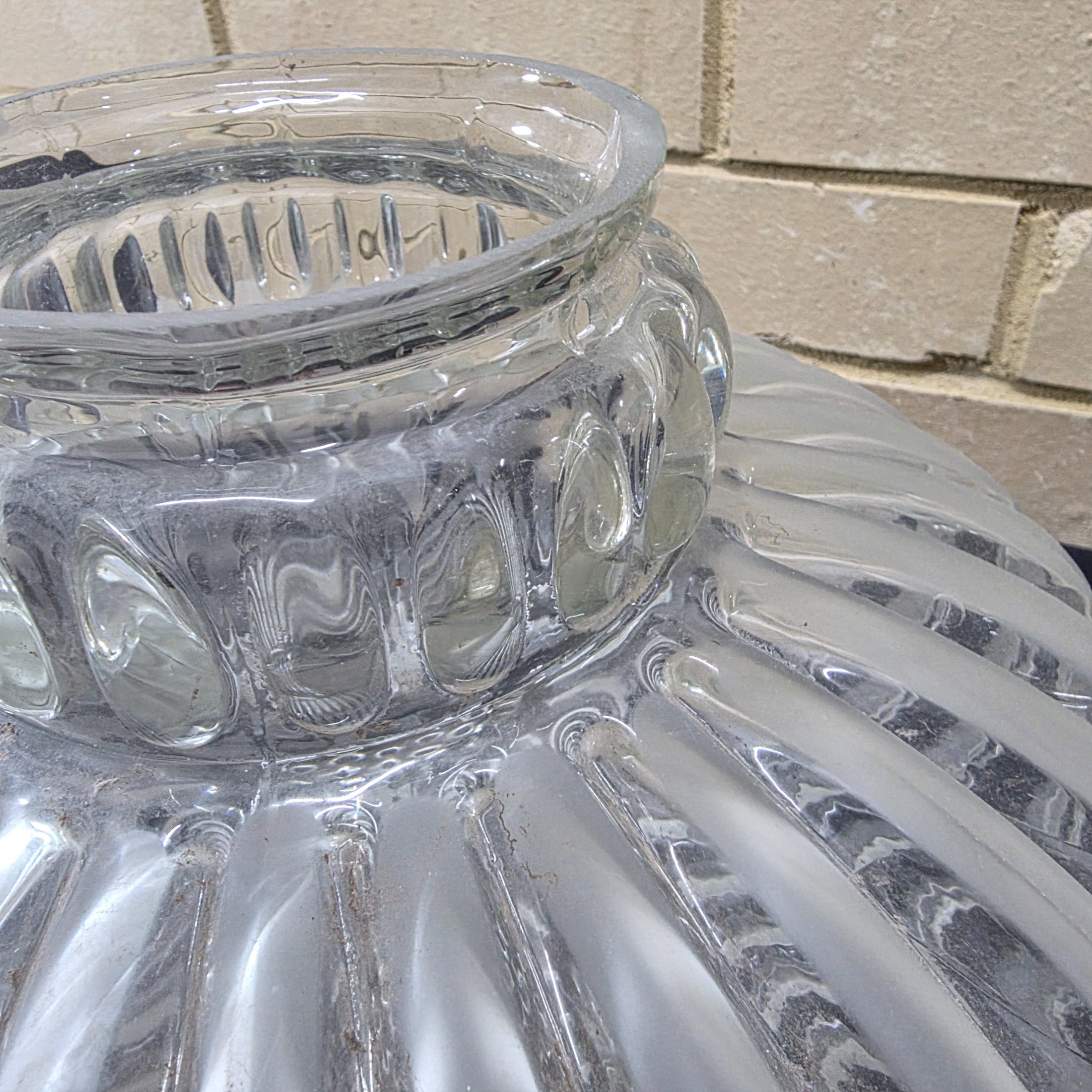 A vintage frosted glass light shade with a distinctive ribbed texture, likely dating from the mid-20th century. - View 5