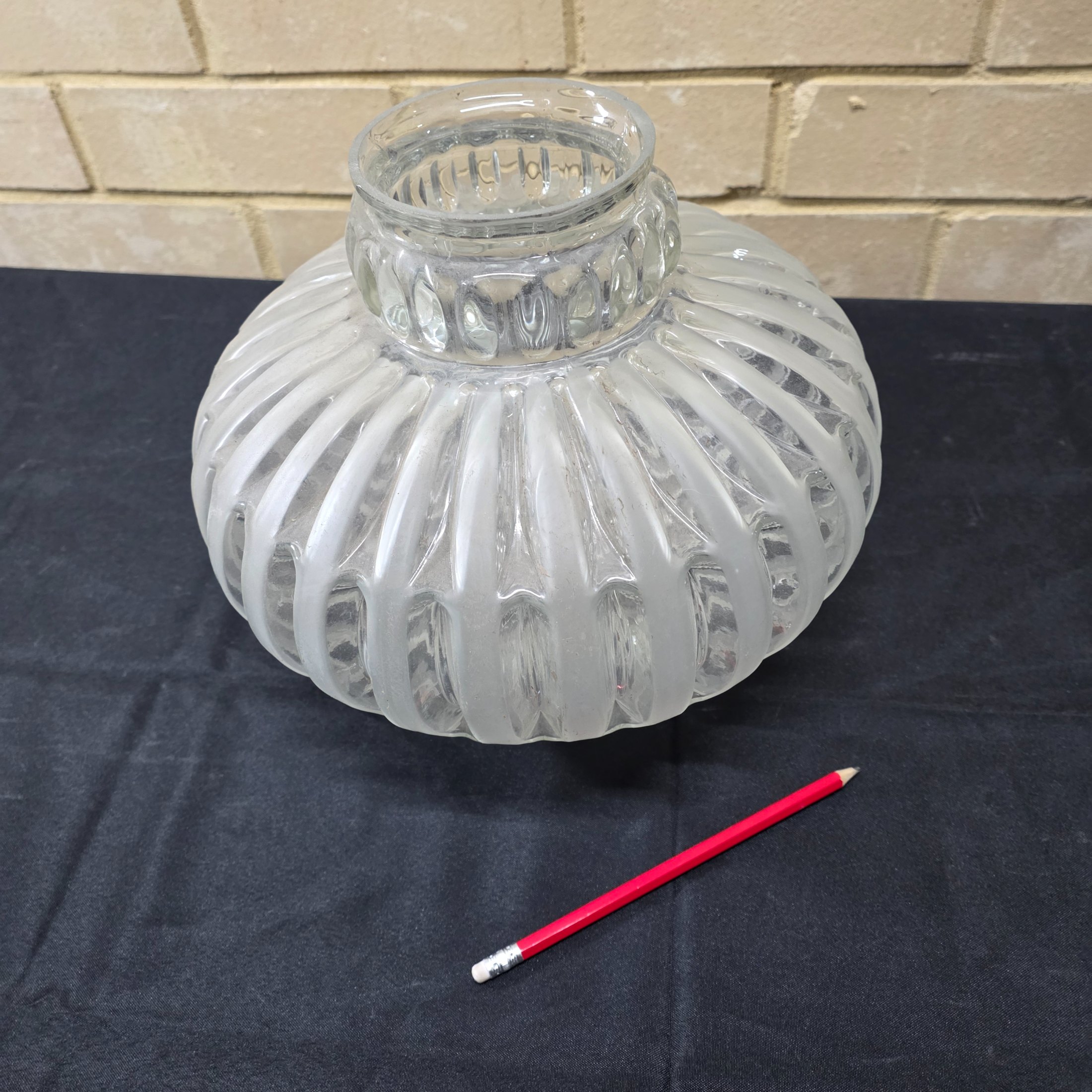 A vintage frosted glass light shade with a distinctive ribbed texture, likely dating from the mid-20th century. - View 7