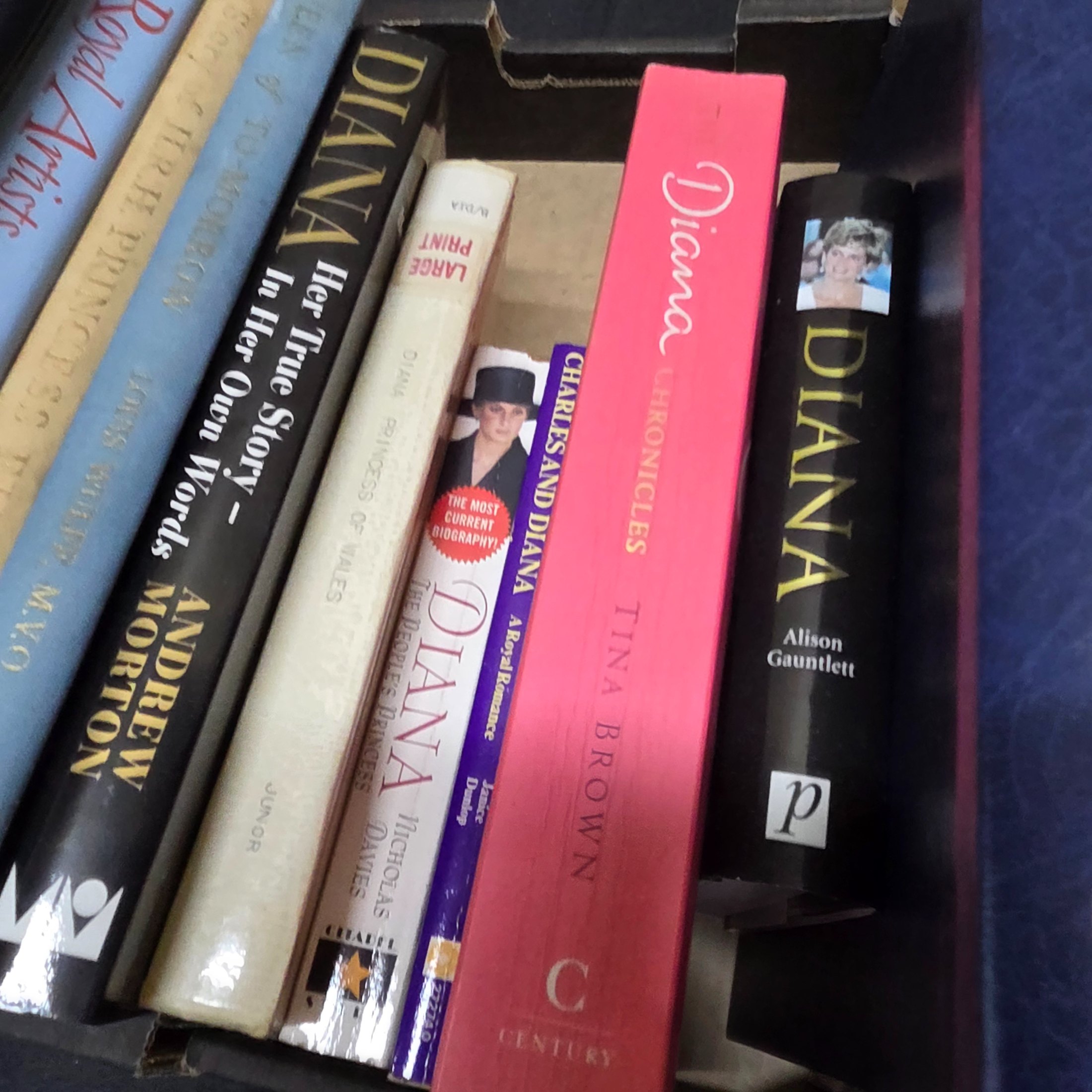 A cardboard box filled with approximately two dozen assorted books primarily focused on British royalty, including biographies of Princess Diana and historical accounts of castles and queens. - View 2