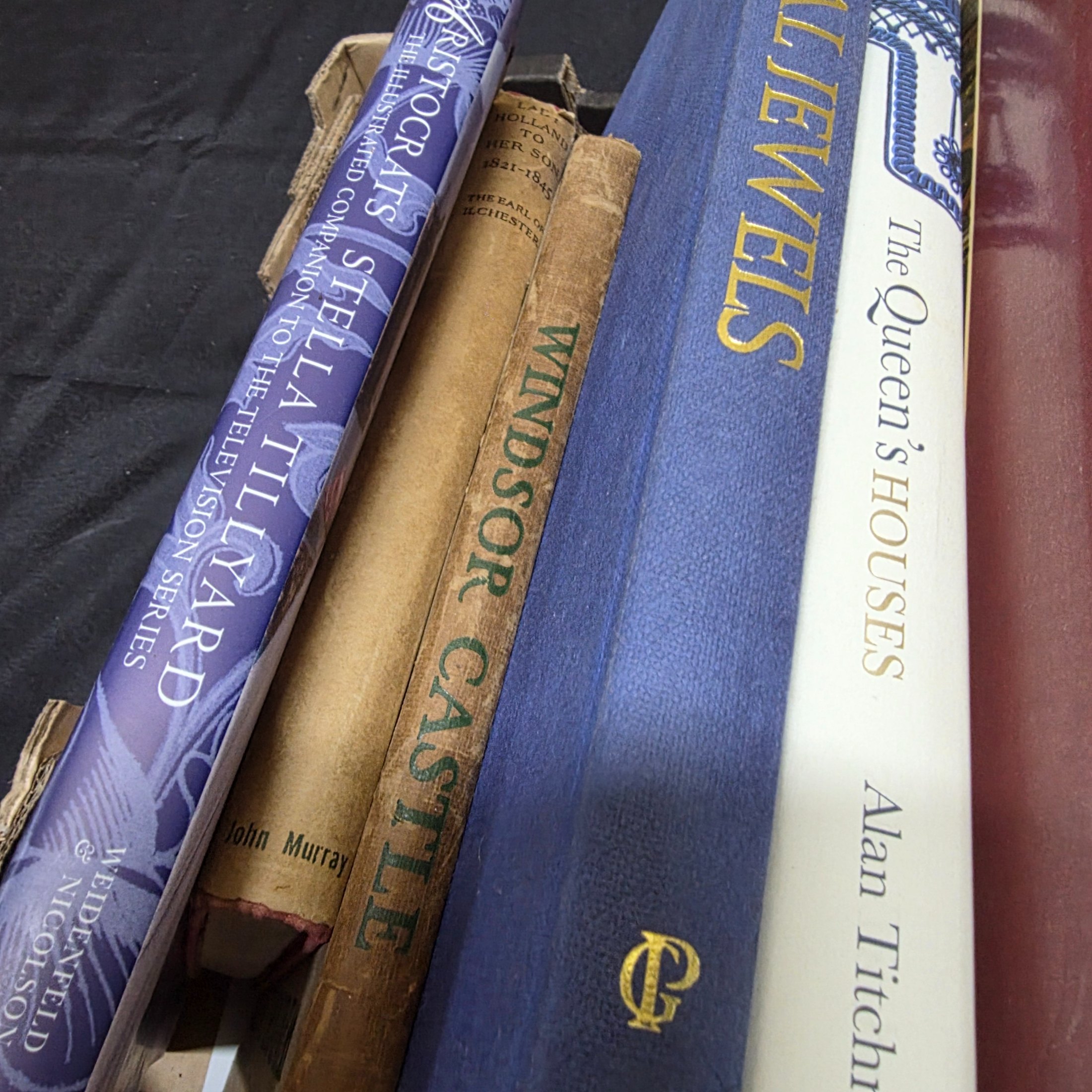 A cardboard box filled with approximately two dozen assorted books primarily focused on British royalty, including biographies of Princess Diana and historical accounts of castles and queens. - View 5