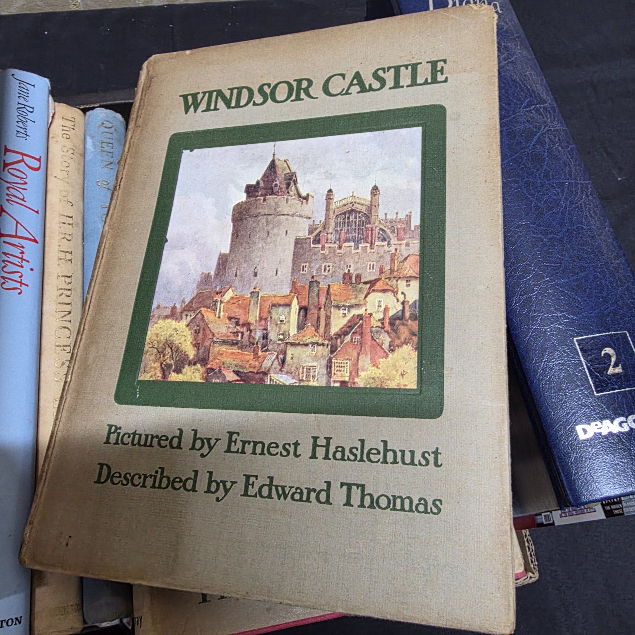 A cardboard box filled with approximately two dozen assorted books primarily focused on British royalty, including biographies of Princess Diana and historical accounts of castles and queens. - View 7