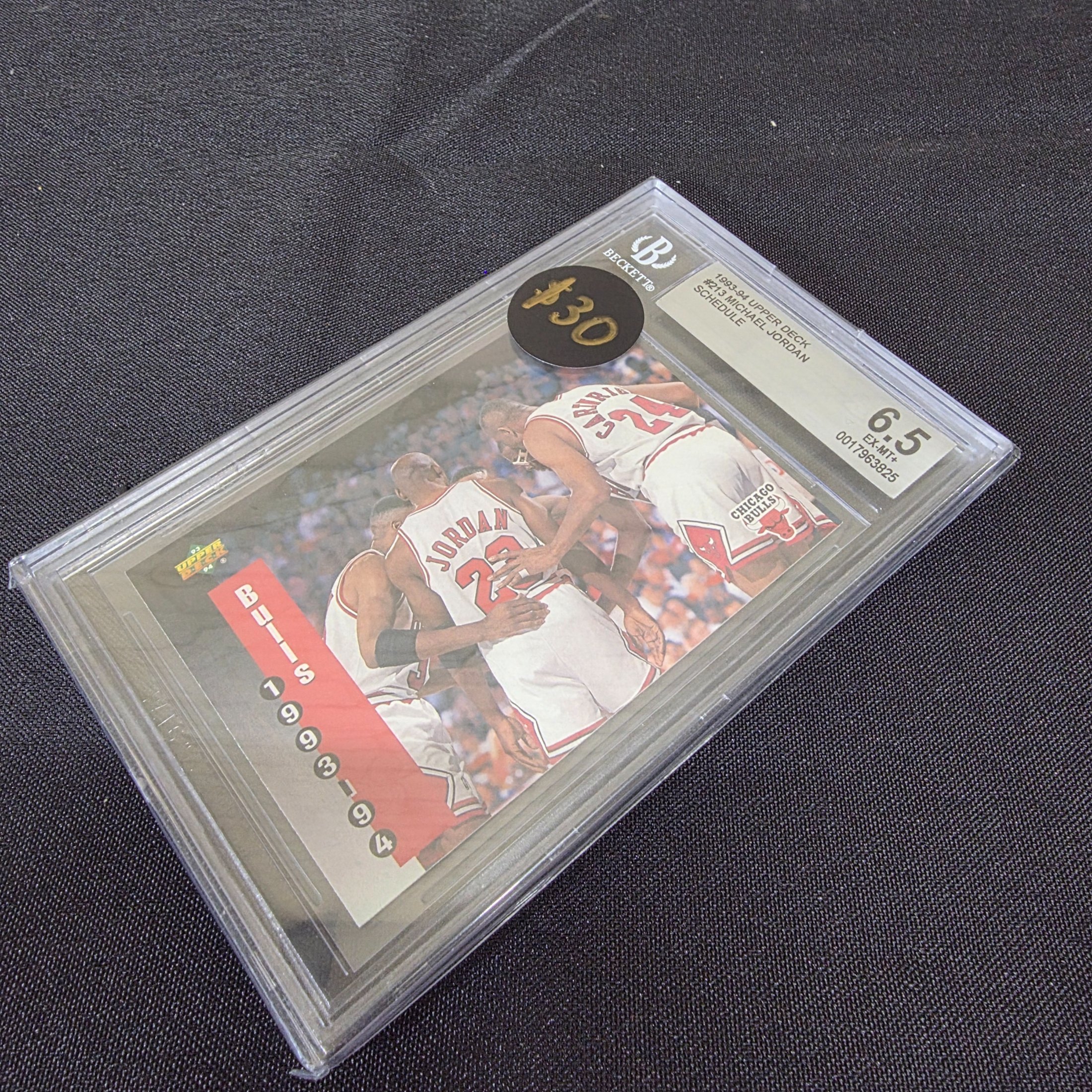 A professionally graded 1993-94 Upper Deck Michael Jordan #213 Schedule basketball card, encapsulated by Beckett Grading Services (BGS) with a grade of 6.5 EX-MT+. - View 2