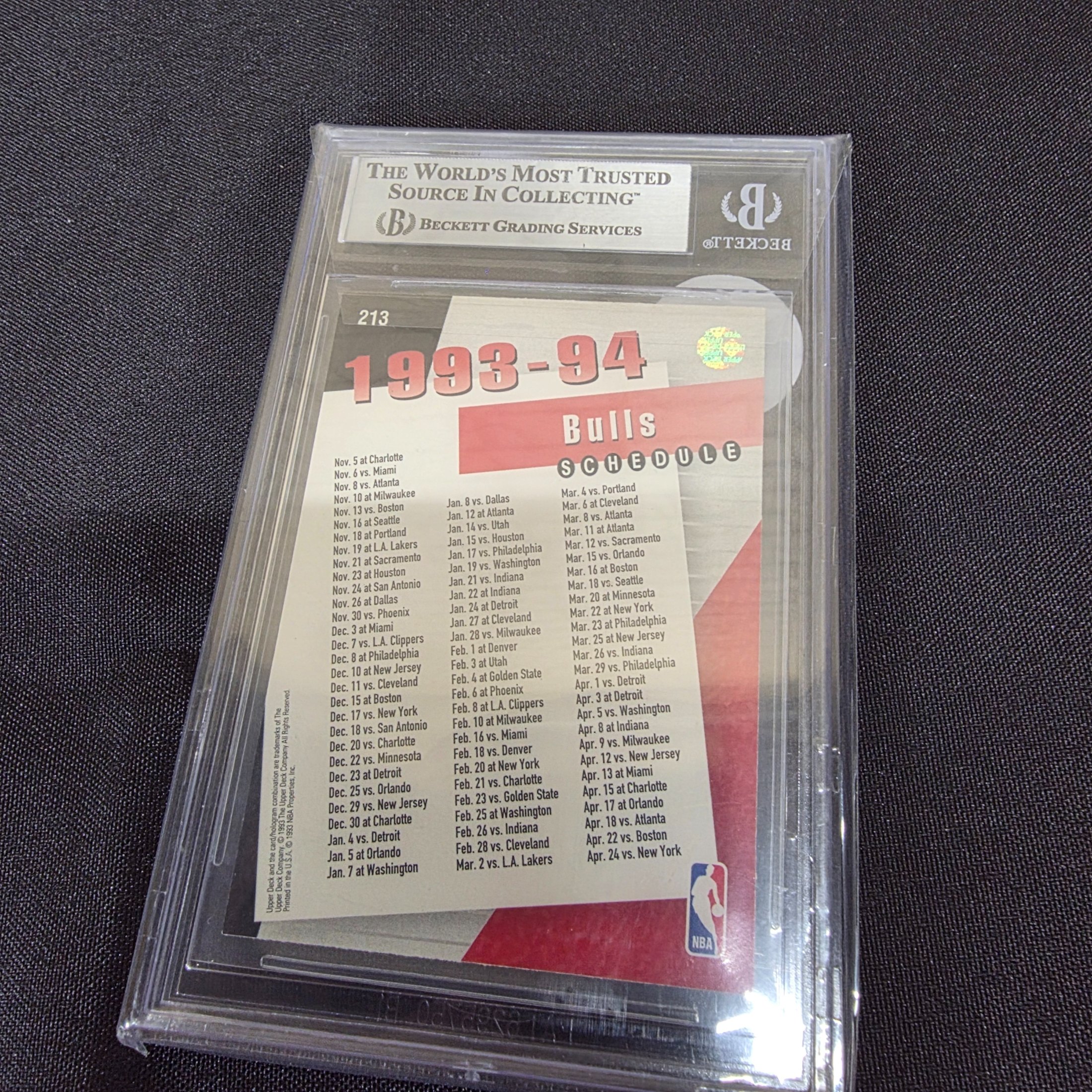 A professionally graded 1993-94 Upper Deck Michael Jordan #213 Schedule basketball card, encapsulated by Beckett Grading Services (BGS) with a grade of 6.5 EX-MT+. - View 4