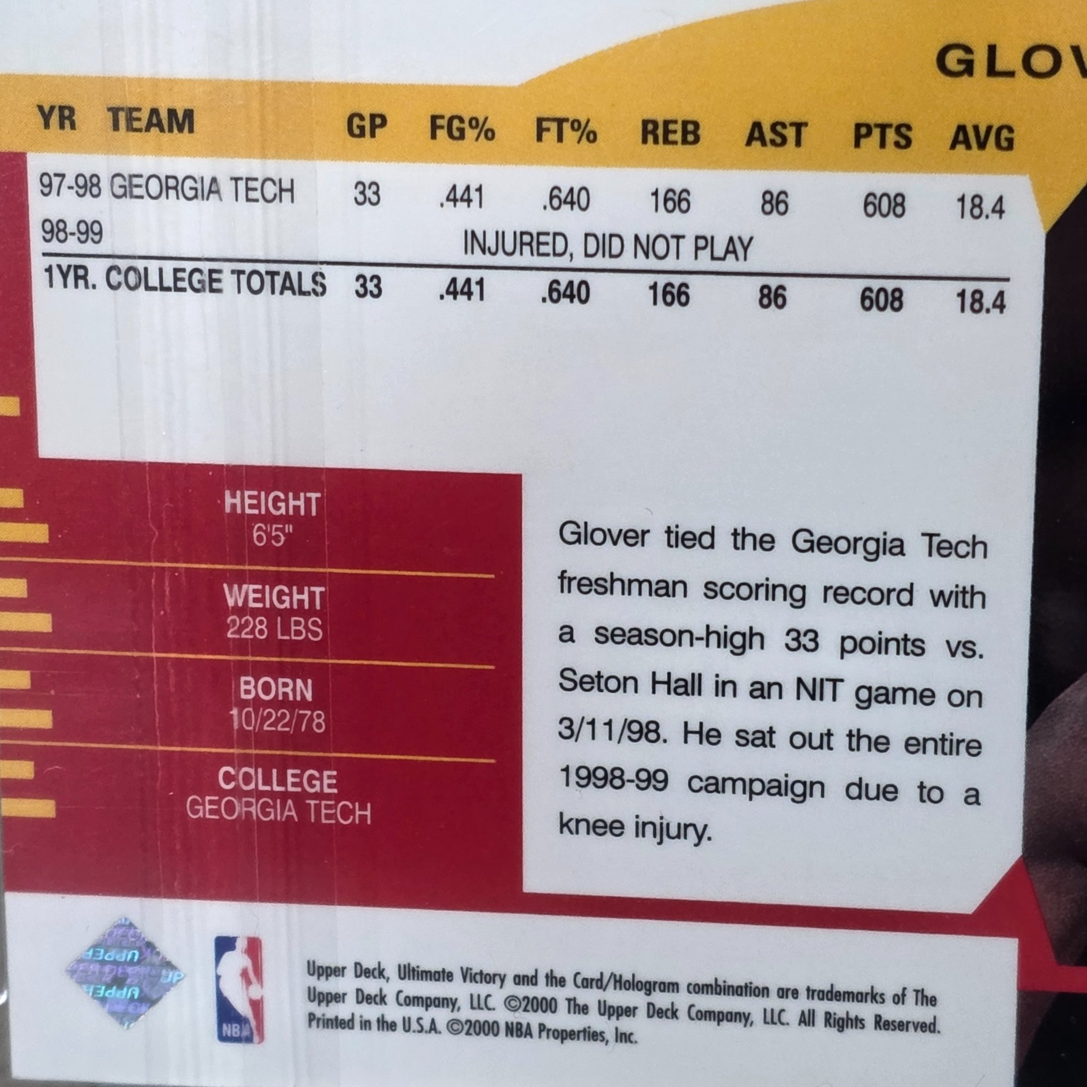 A 1999 Upper Deck NBA basketball rookie card of Dion Glover, graded 7 NM by TCG Grading, encapsulated in a protective slab. - View 5